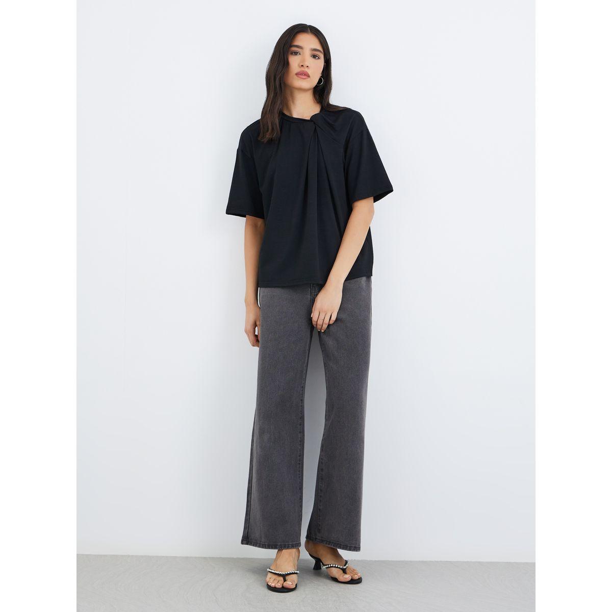 Styli Women Black Knot Neck Detail Boxy Fit T-Shirt-women-clothing-tshirts-image-2