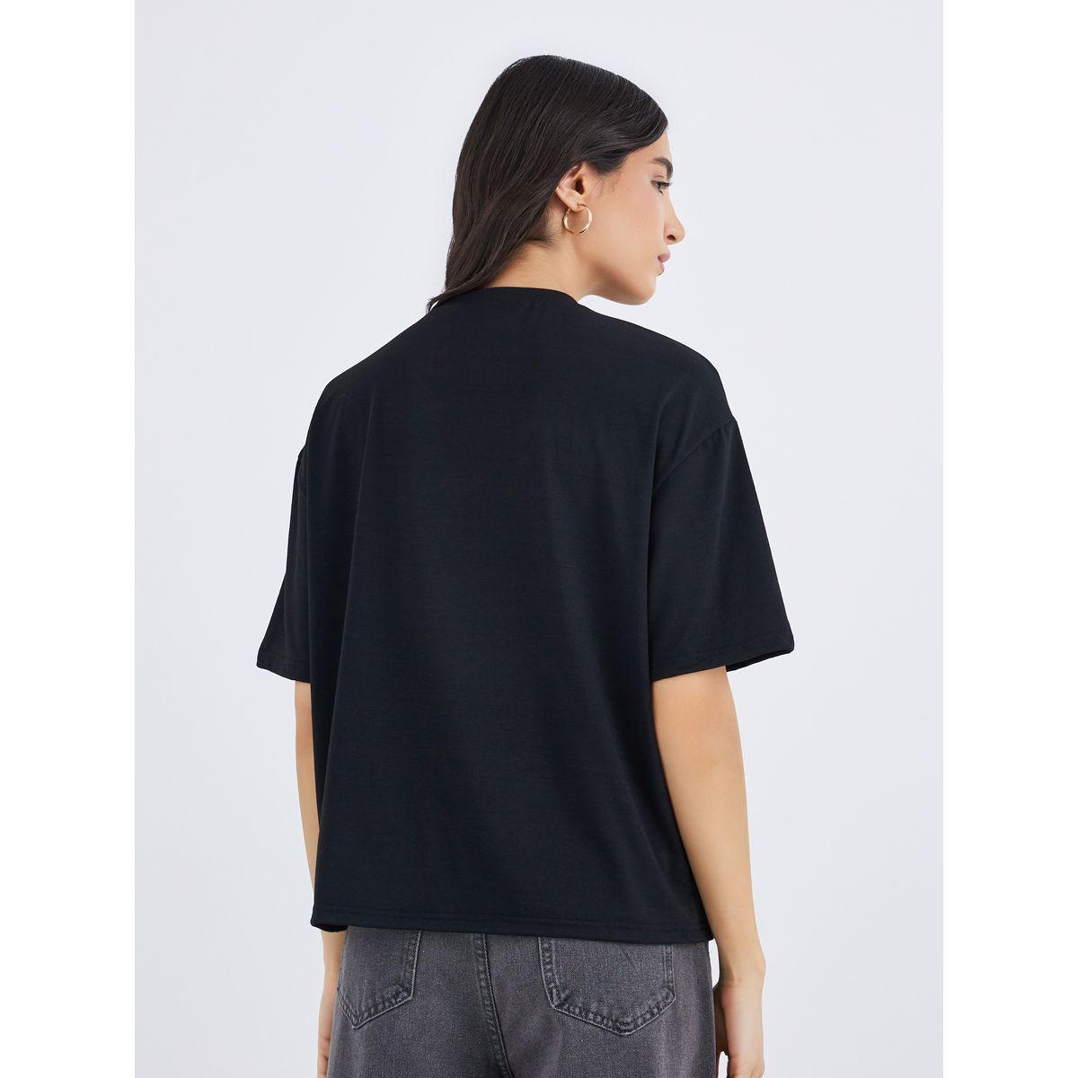Styli Women Black Knot Neck Detail Boxy Fit T-Shirt-women-clothing-tshirts-image-4
