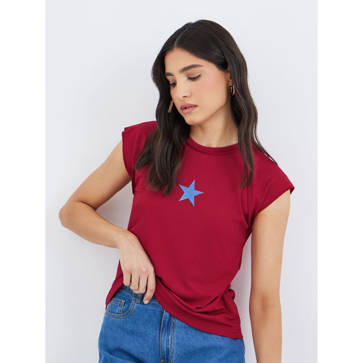 Styli Star Embroidered Ribbed Reglan Short Sleeve Top-women-clothing-shirtsandblouses-blouses-image-1
