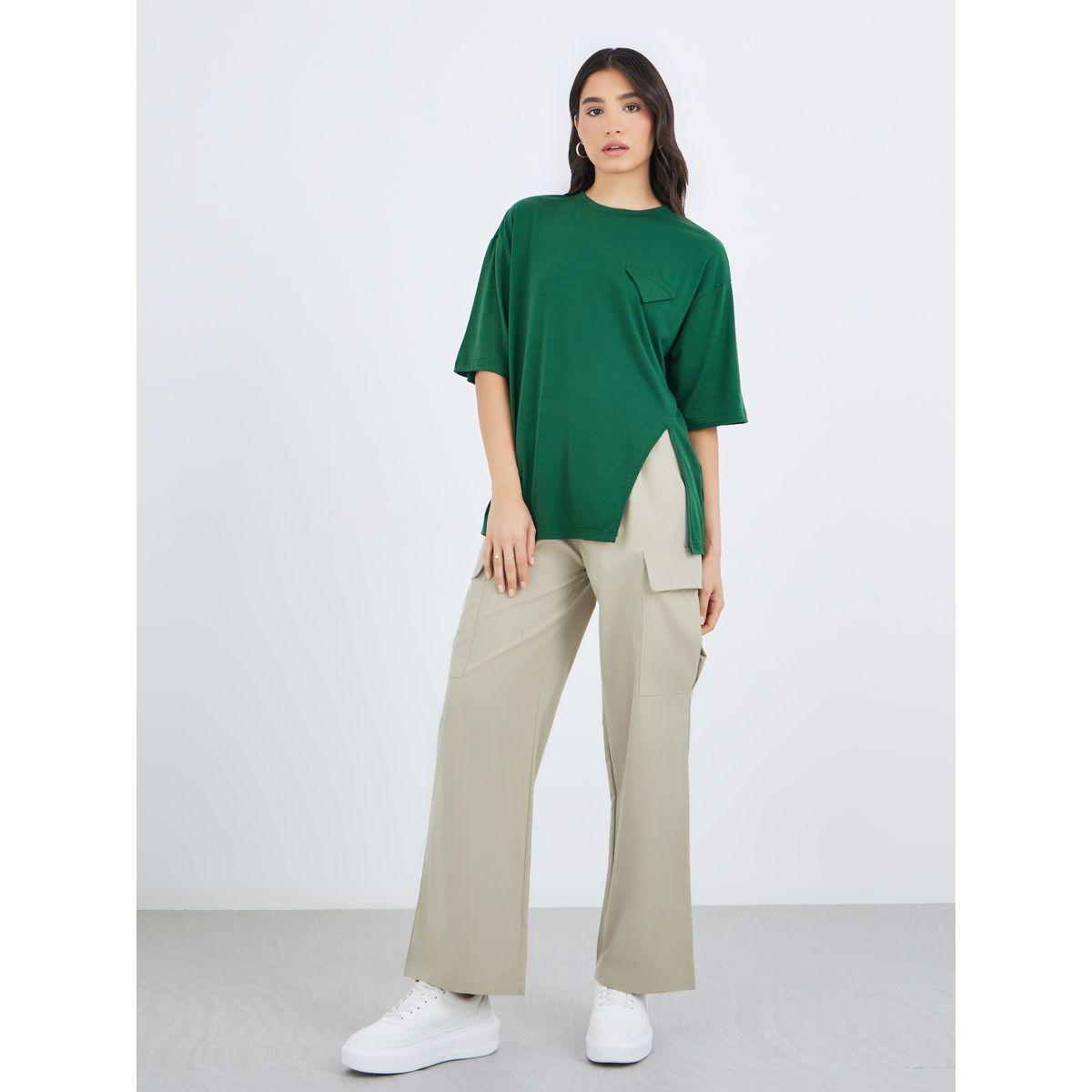 تيشيرت سادة بشق جانبي وقصة عادية-women-clothing-tshirts-image-2