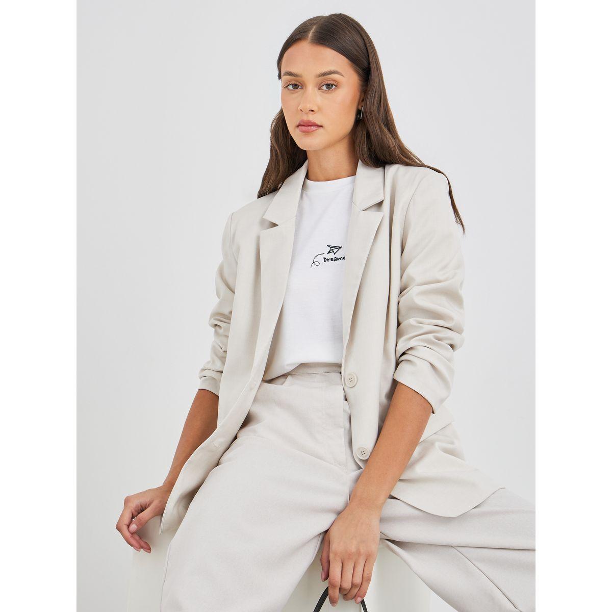 Styli Women Cream Regular Fit Regular Length Linen Look Blazer-women-clothing-coatsandjackets-blazers-image-1