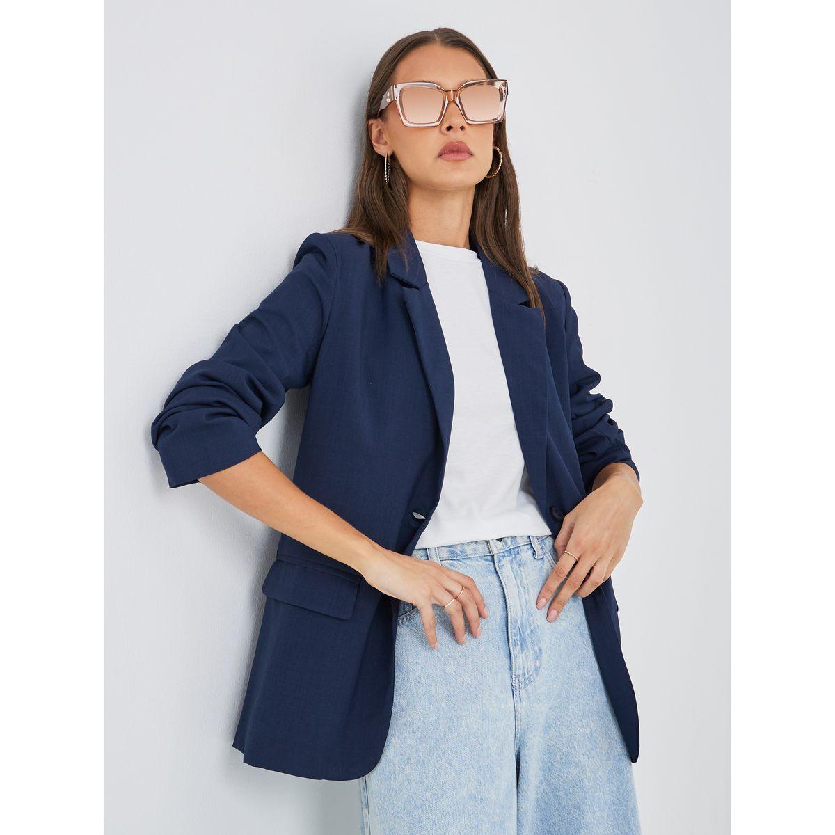 Styli Women Navy Blue Regular Fit Regular Length Linen Look Blazer-women-clothing-coatsandjackets-blazers-image-1