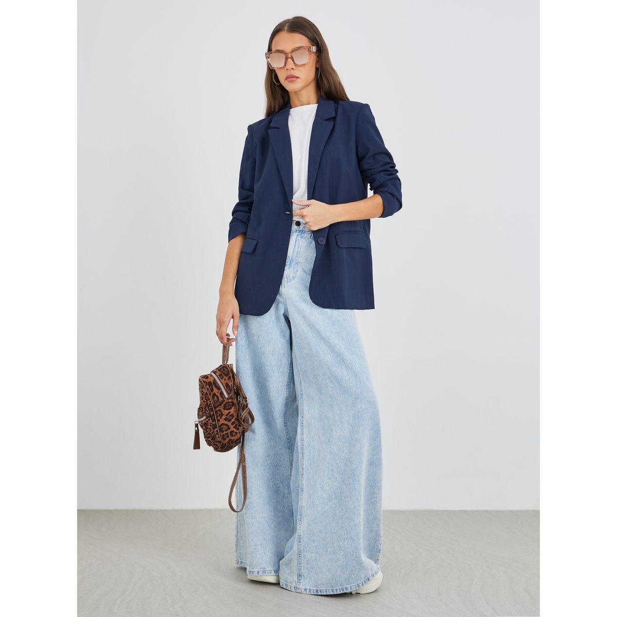 Styli Women Navy Blue Regular Fit Regular Length Linen Look Blazer-women-clothing-coatsandjackets-blazers-image-2