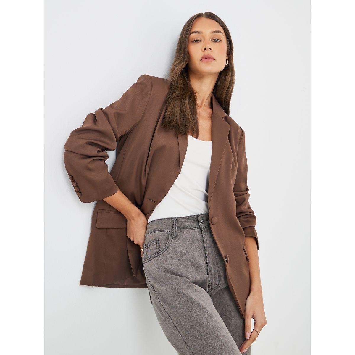 Styli Women Brown Solid Oversized Longline Single Breasted Blazer-women-clothing-coatsandjackets-blazers-image-1