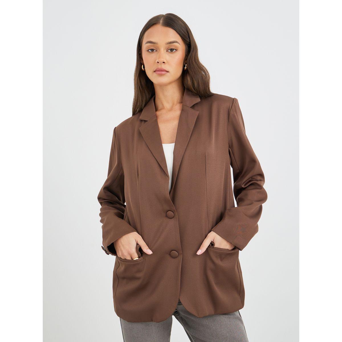 Styli Women Brown Solid Oversized Longline Single Breasted Blazer-women-clothing-coatsandjackets-blazers-image-3