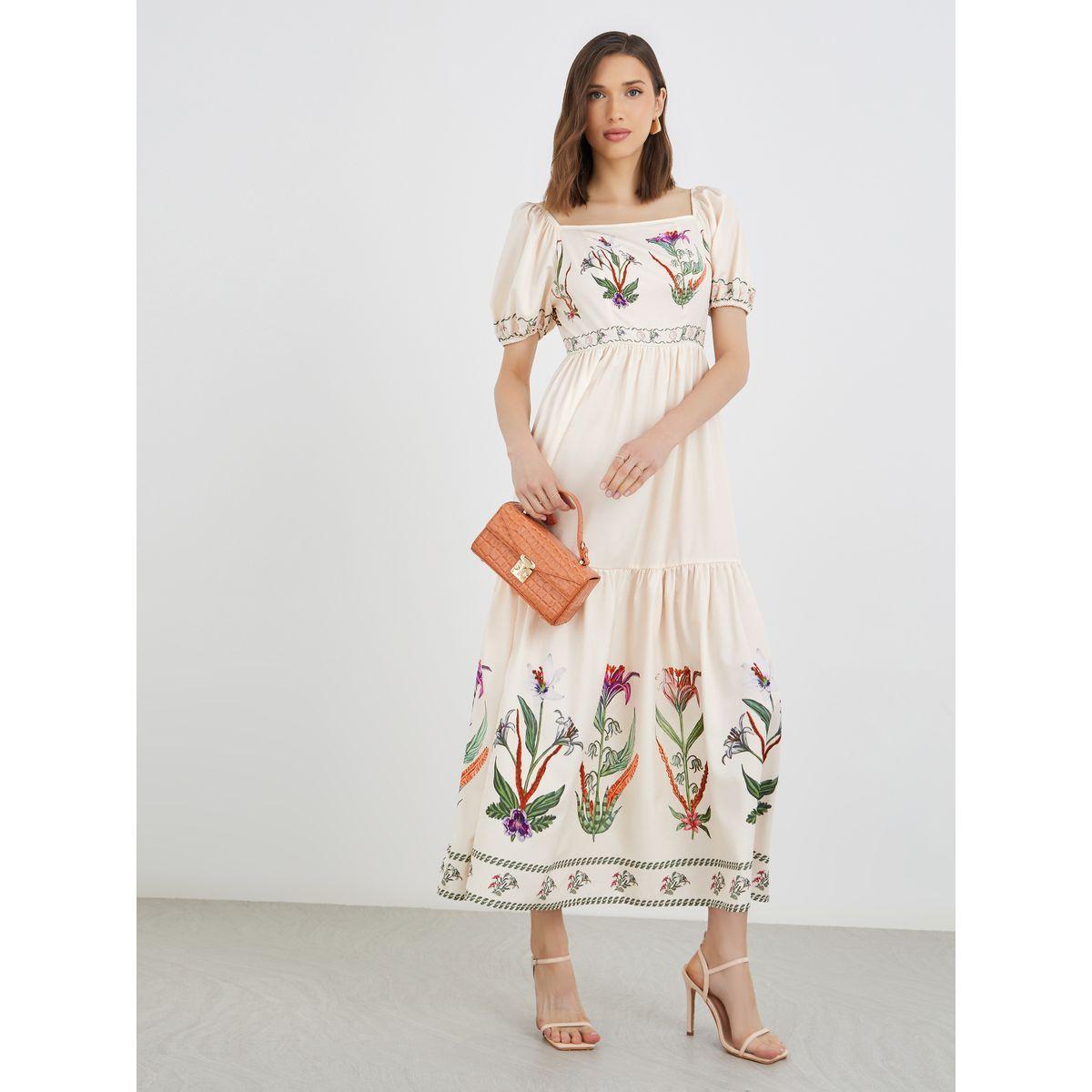 Styli Floral Print Puff Sleeve Square Neck Midi Dress-women-clothing-dresses-image-1