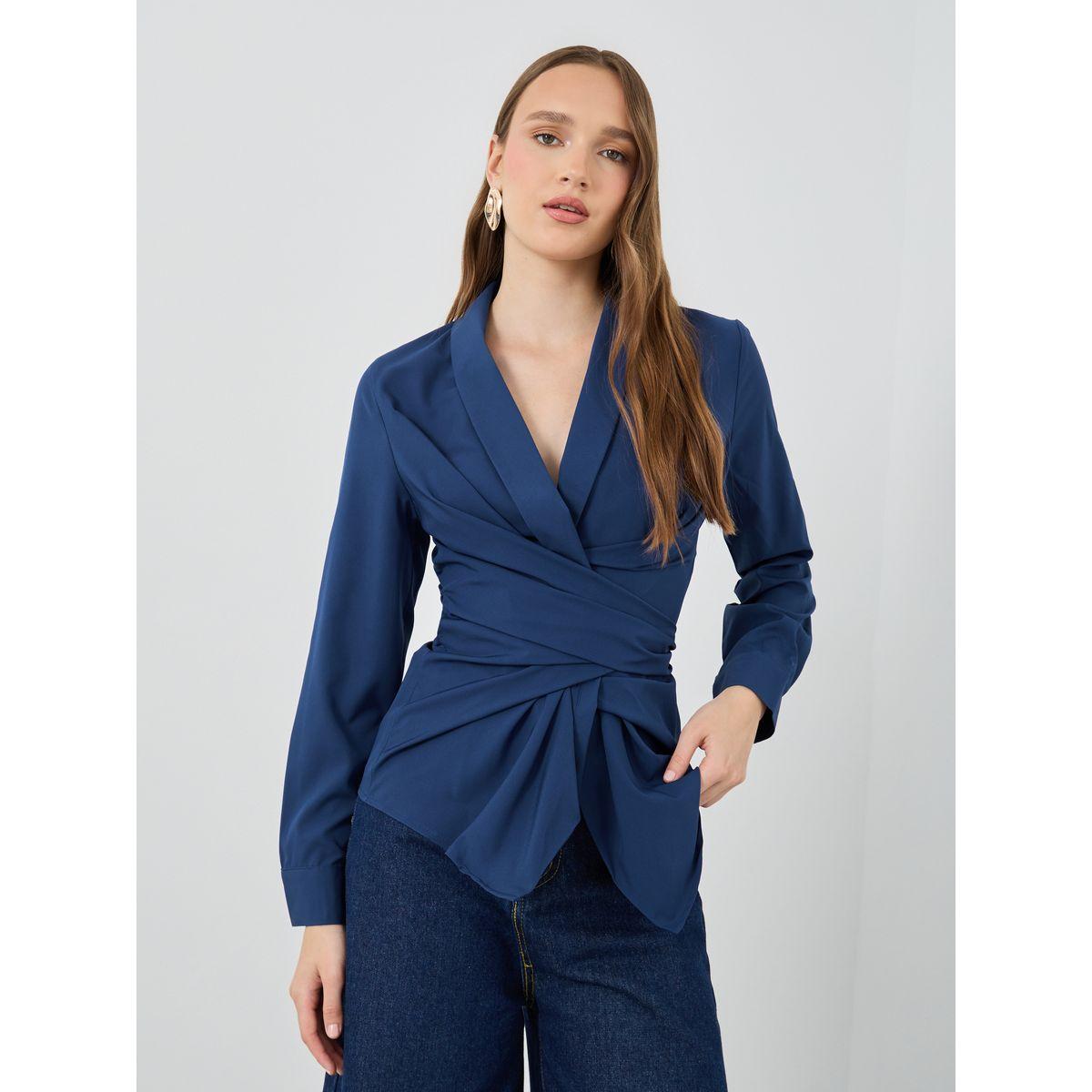 Styli Solid Long sleeves V-Neck Wrap Top-women-clothing-shirtsandblouses-blouses-image-1