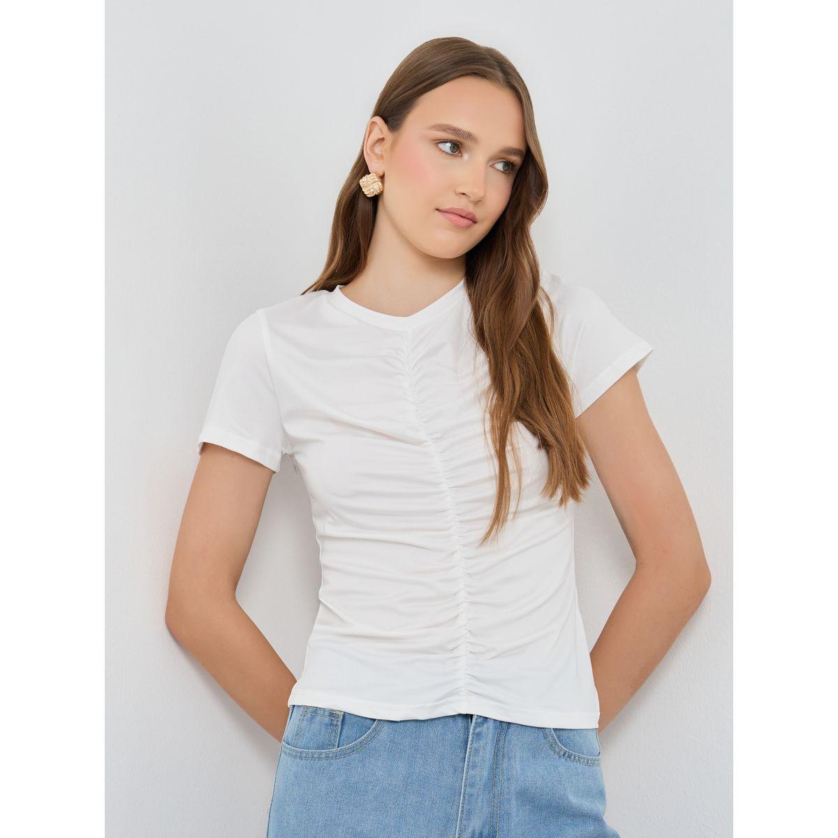 تيشيرت سادة بتفاصيل مزمومة وأكمام قصيرة-women-clothing-tshirts-image-1