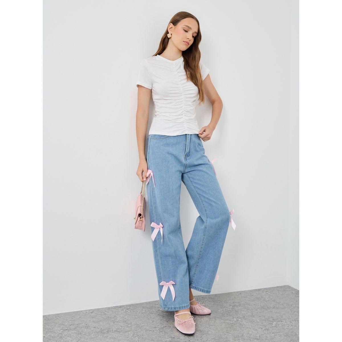 تيشيرت سادة بتفاصيل مزمومة وأكمام قصيرة-women-clothing-tshirts-image-2