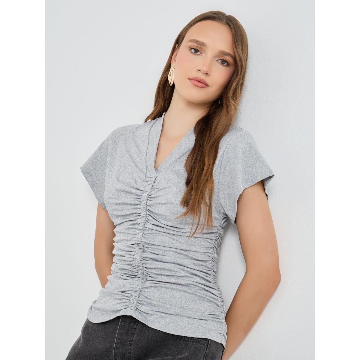 Styli Solid V-Neck Ruched Detail Short Sleeve T-Shirt-women-clothing-tshirts-image-1