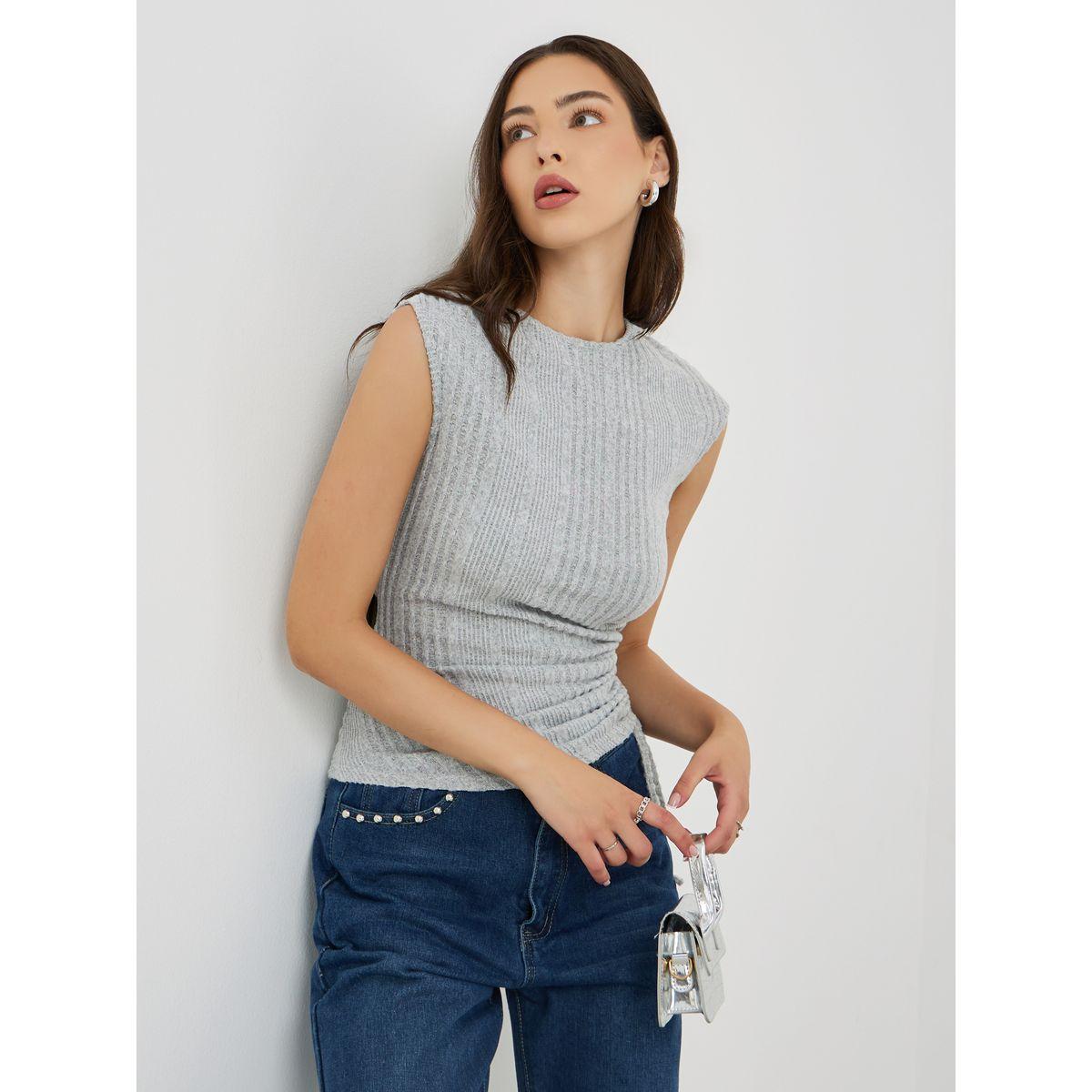 Styli Grey Knitted Sleeveless Top with Ruched Detail-women-clothing-tshirts-image-1