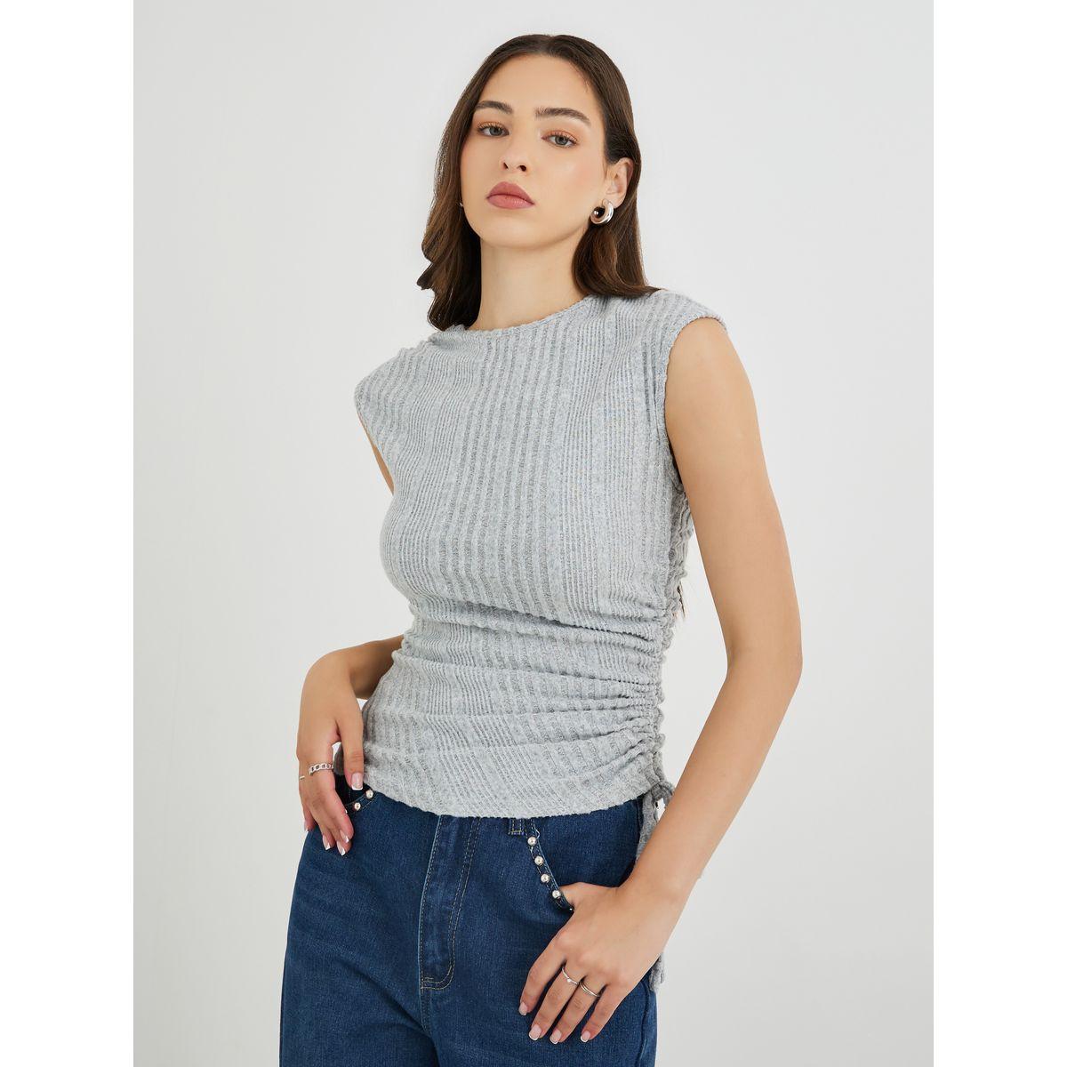Styli Grey Knitted Sleeveless Top with Ruched Detail-women-clothing-tshirts-image-3