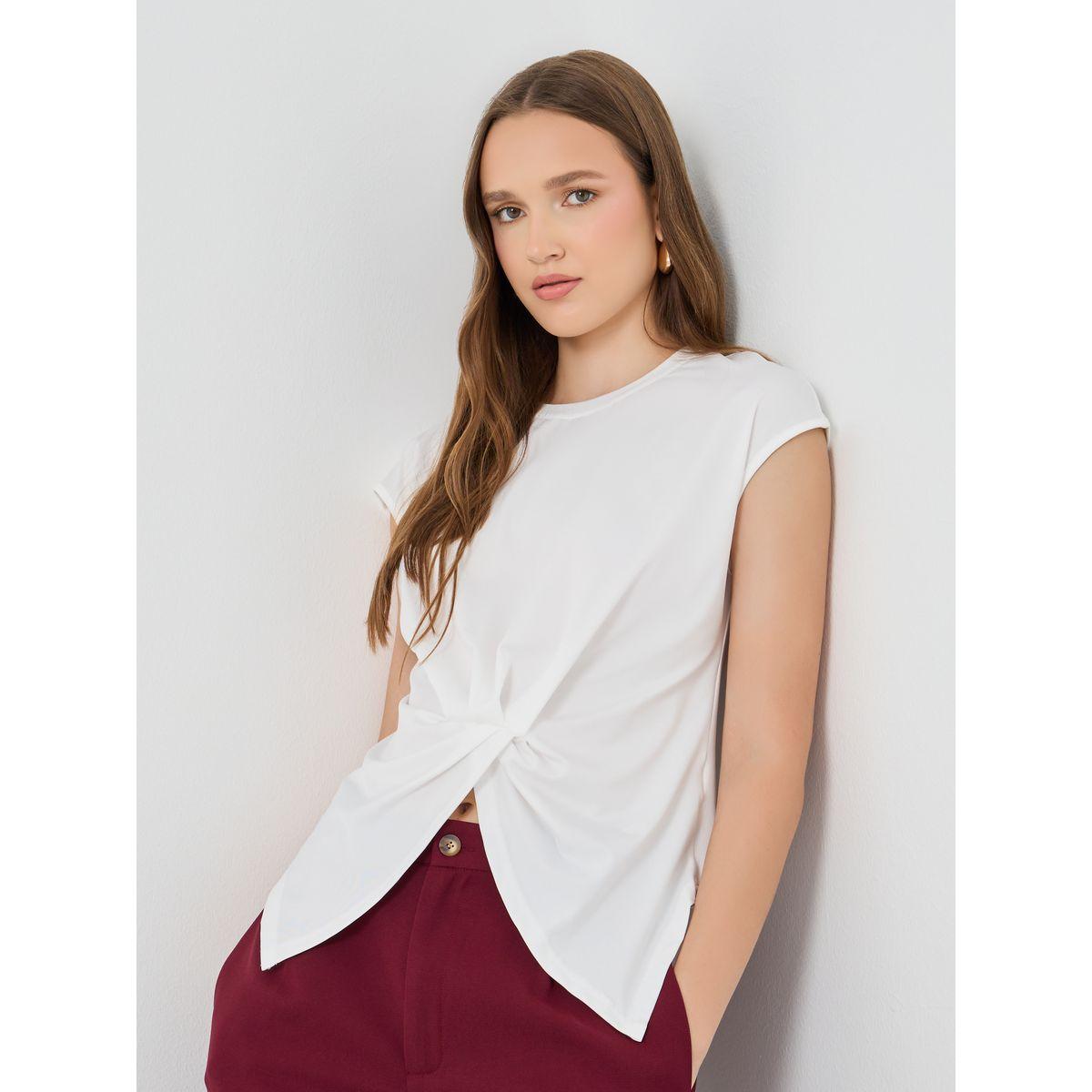 Styli Solid Asymmetric Neck Short Sleeve T-Shirt-women-clothing-tshirts-image-1