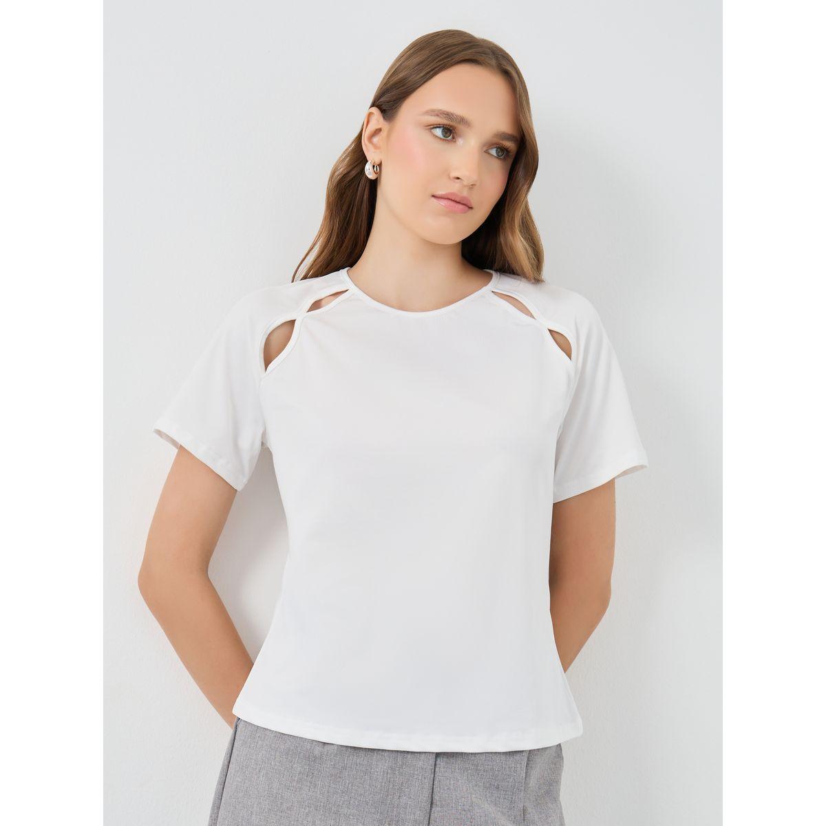 Styli Solid Round Neck T-Shirt with Cut-Out Detail-women-clothing-tshirts-image-1