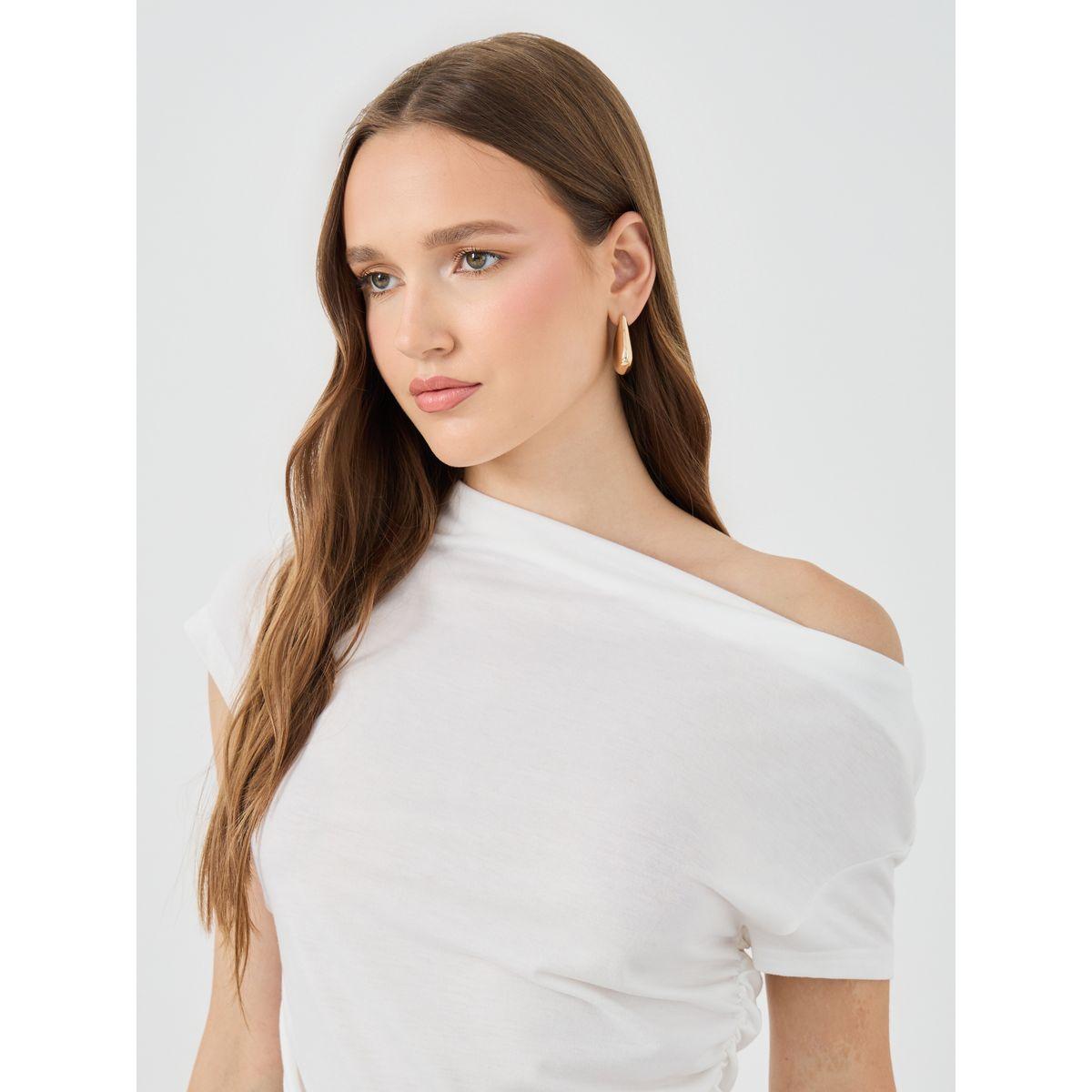 Styli Solid Off Shoulder T-Shirt with Gathered Detail-women-clothing-tshirts-image-3