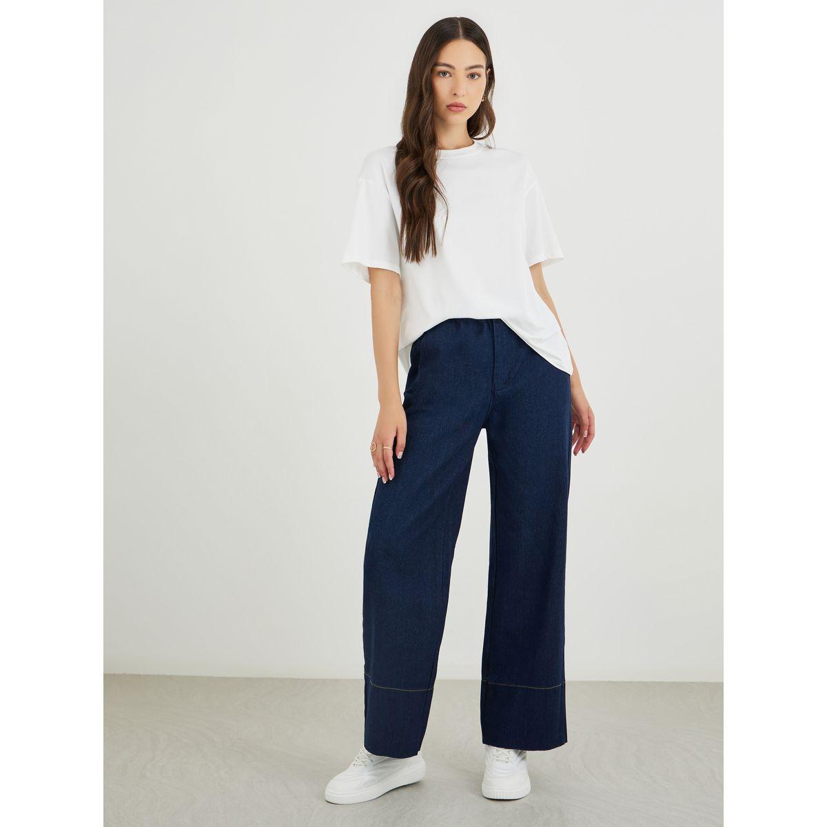 بنطال جينز سادة بقصة أرجل واسعة-women-clothing-bottoms-jeans-image-1