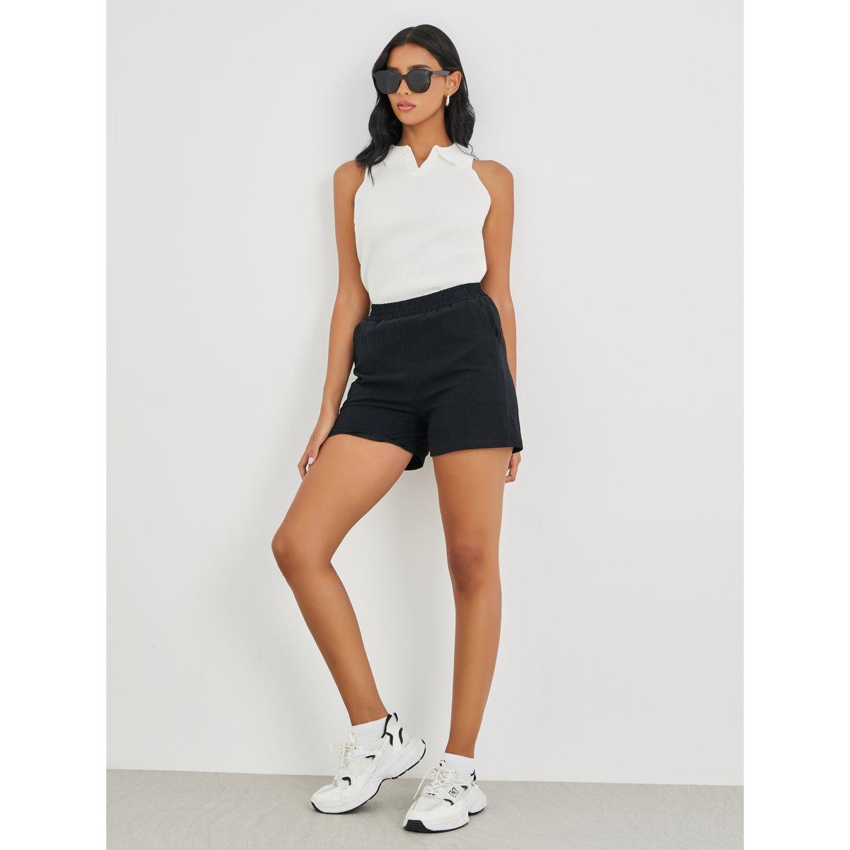 Styli Solid Mid Rise Loose Fit Shorts-women-clothing-bottoms-shorts-image-1