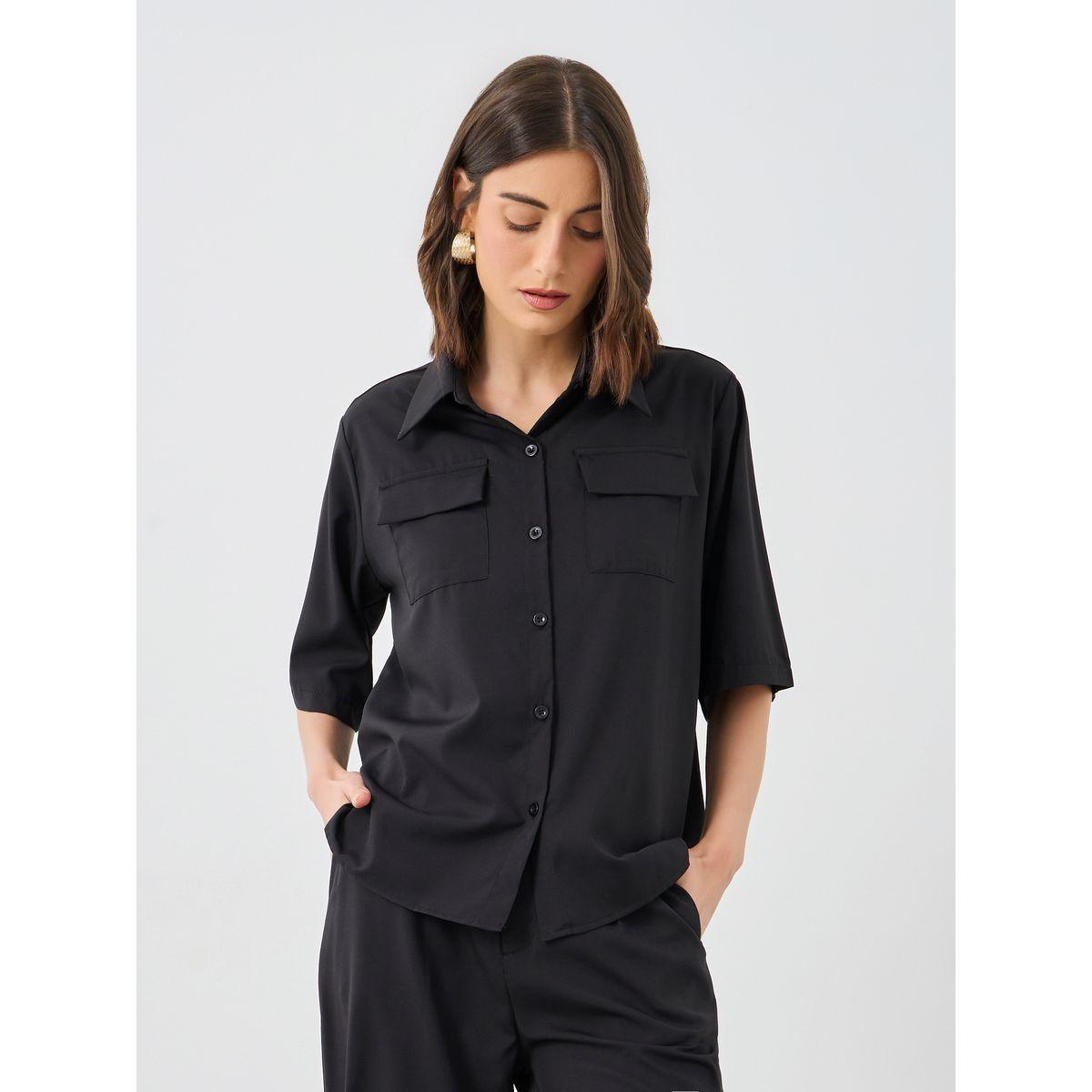 طقم منسق من بنطال مع قميص بأكمام قصيرة وجيب-women-clothing-coordsets-image-2