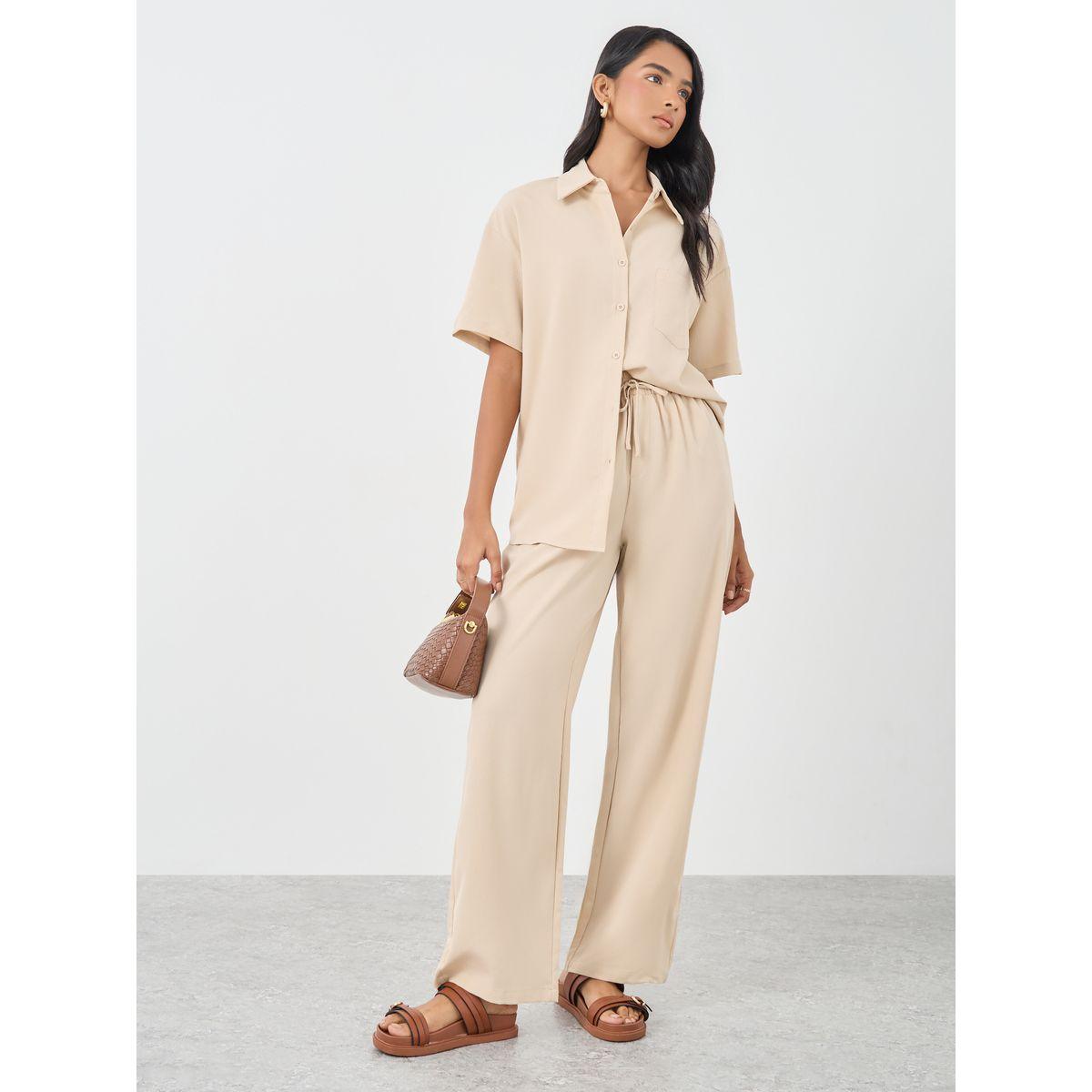 Styli Beige Relaxed Fit Shirt and Pants Co-Ords-women-clothing-coordsets-image-1