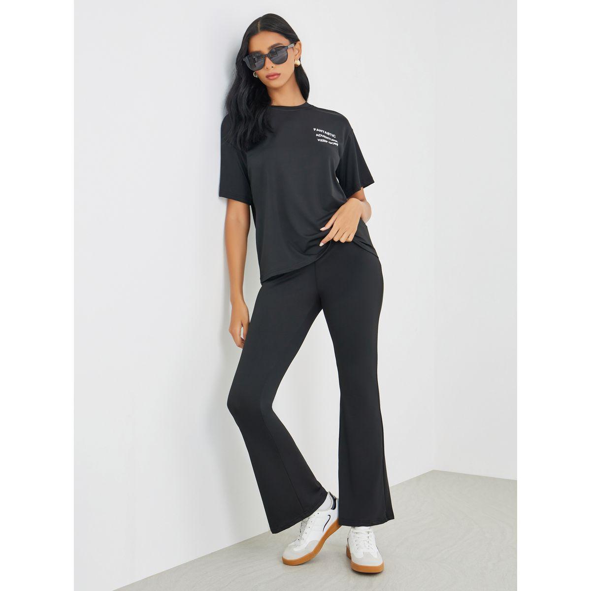 Styli Slogan Printed T-Shirt and Flared Leggings Co-Ords-women-clothing-coordsets-image-1