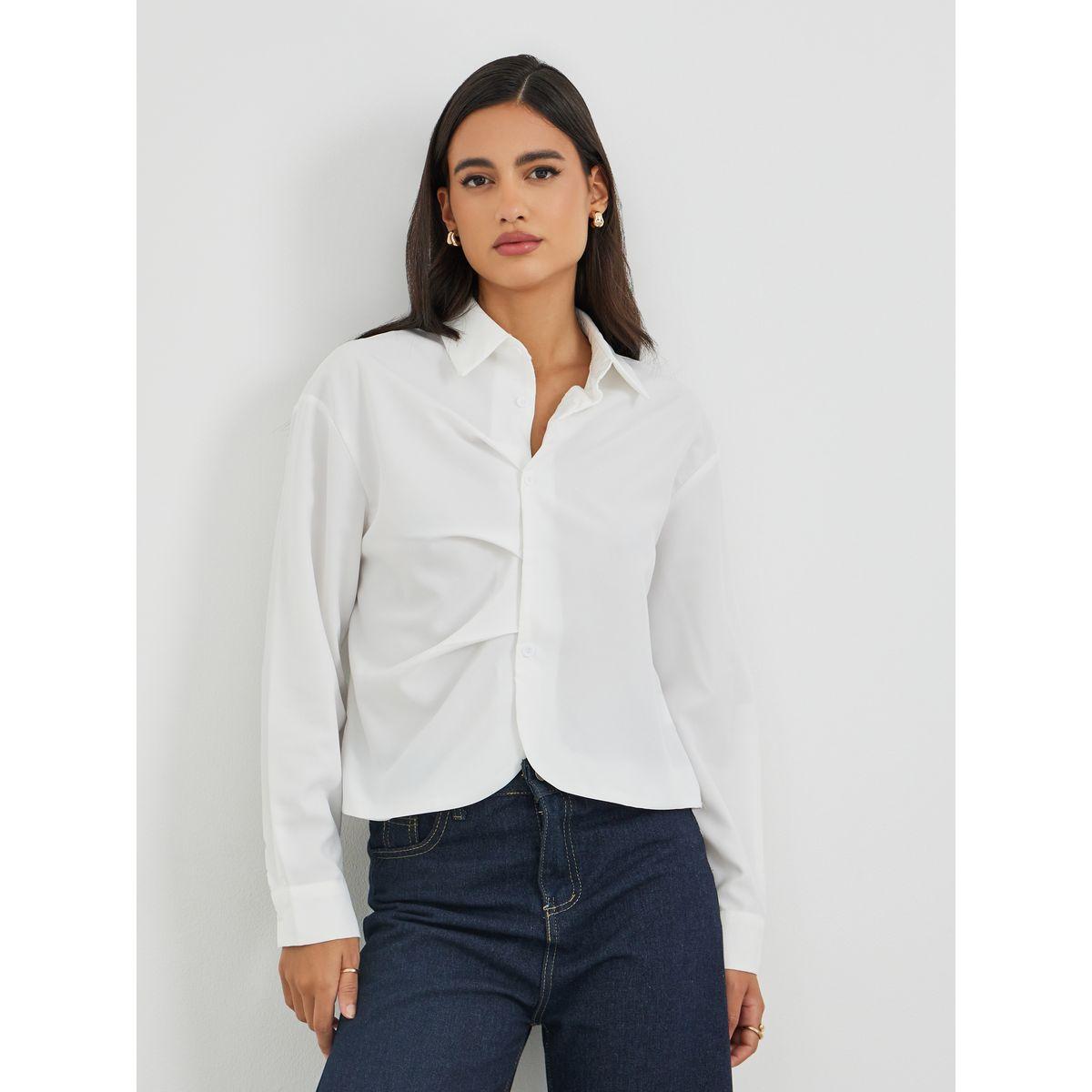 Styli Solid Pleated Buttoned Front Shirt-women-clothing-shirtsandblouses-shirts-image-1