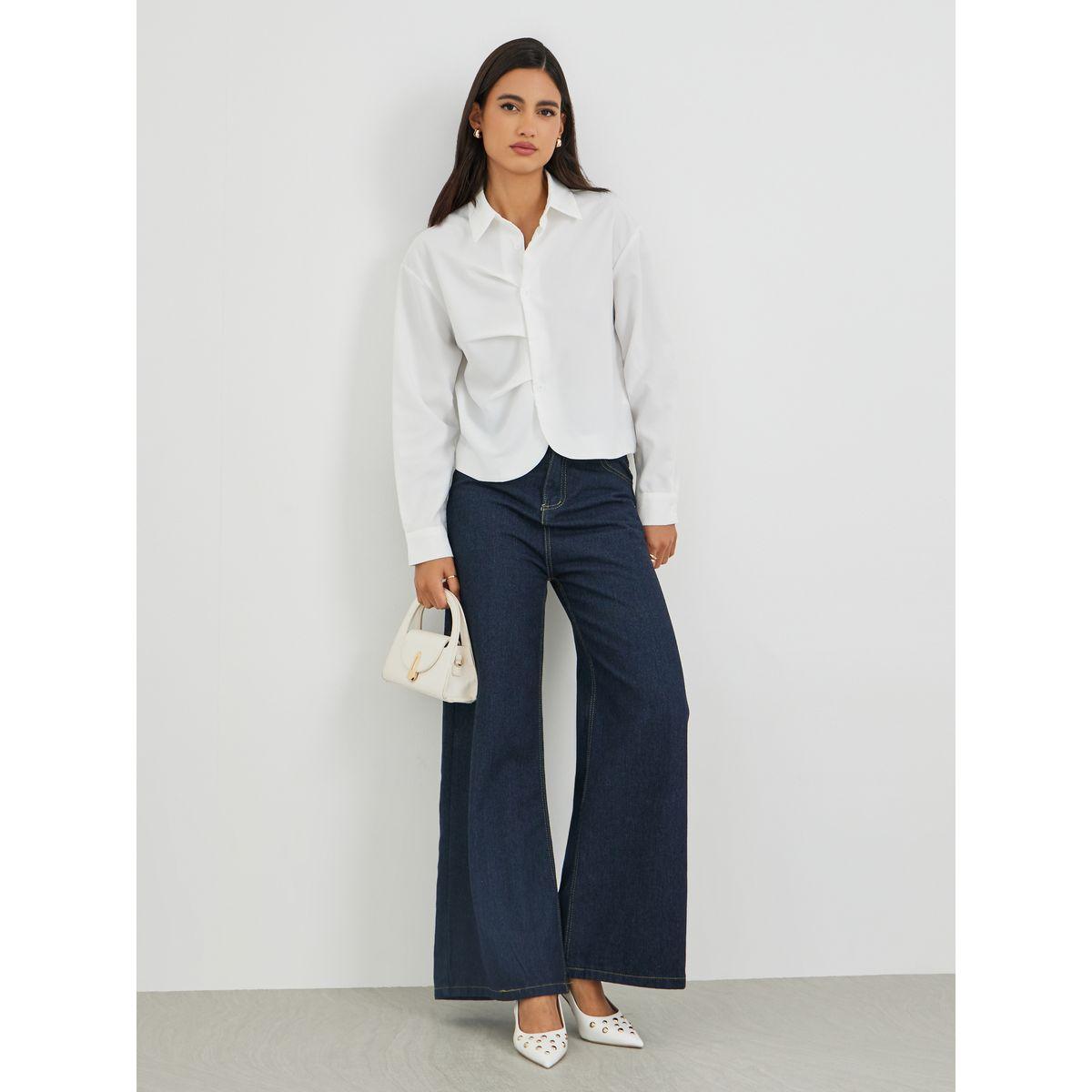 Styli Solid Pleated Buttoned Front Shirt-women-clothing-shirtsandblouses-shirts-image-2