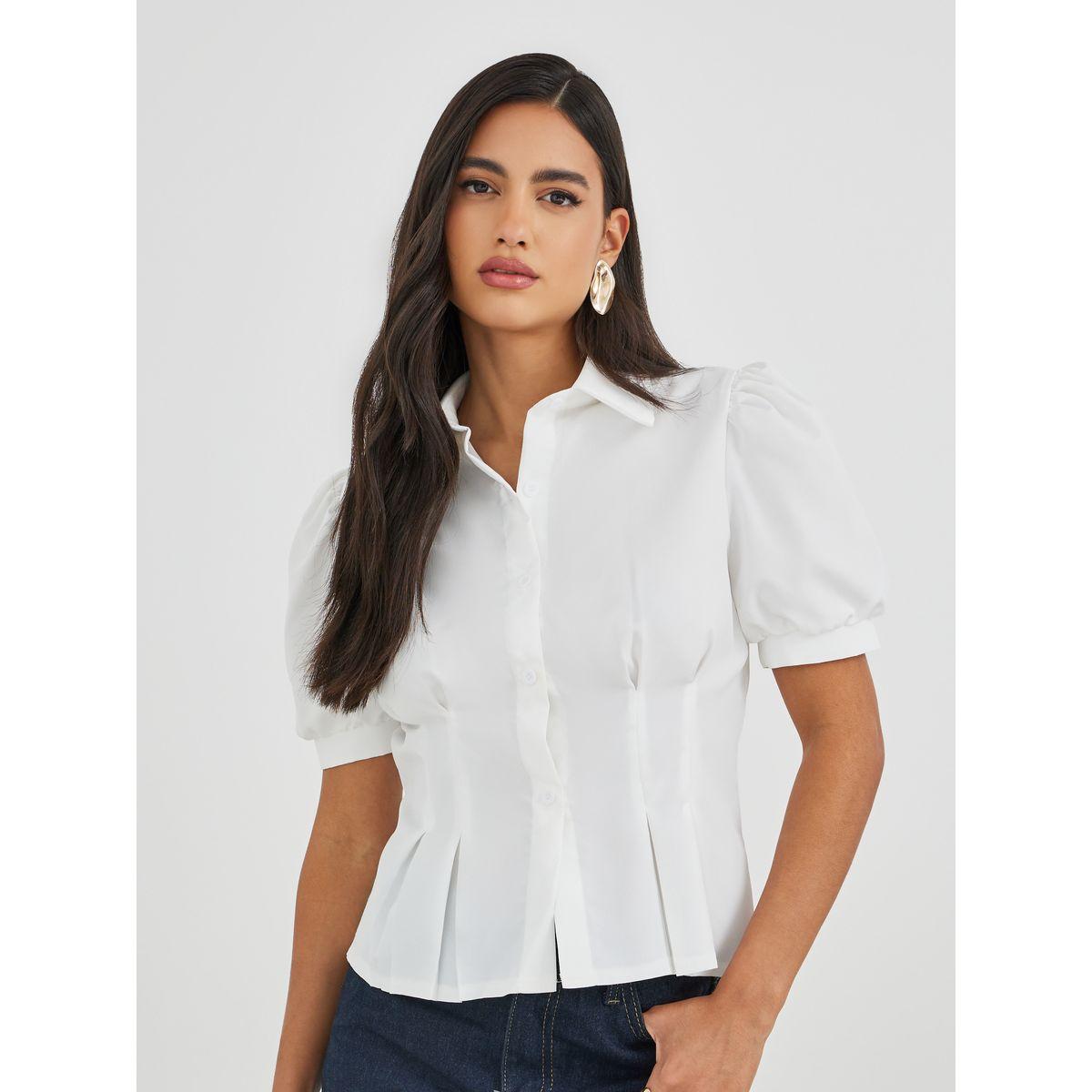 Styli Solid Puff Sleeve Pleated Detail Shirt-women-clothing-shirtsandblouses-shirts-image-1