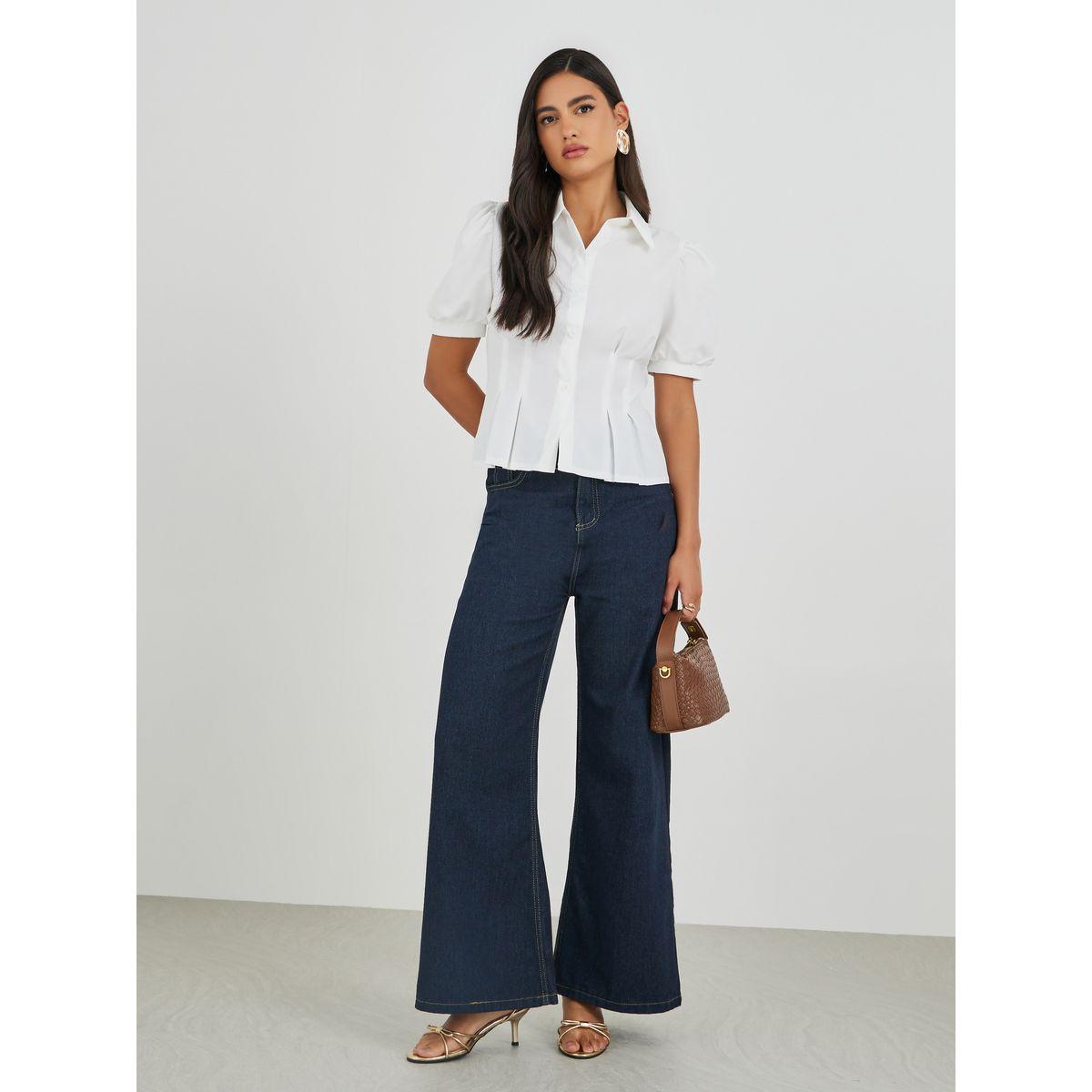 Styli Solid Puff Sleeve Pleated Detail Shirt-women-clothing-shirtsandblouses-shirts-image-2