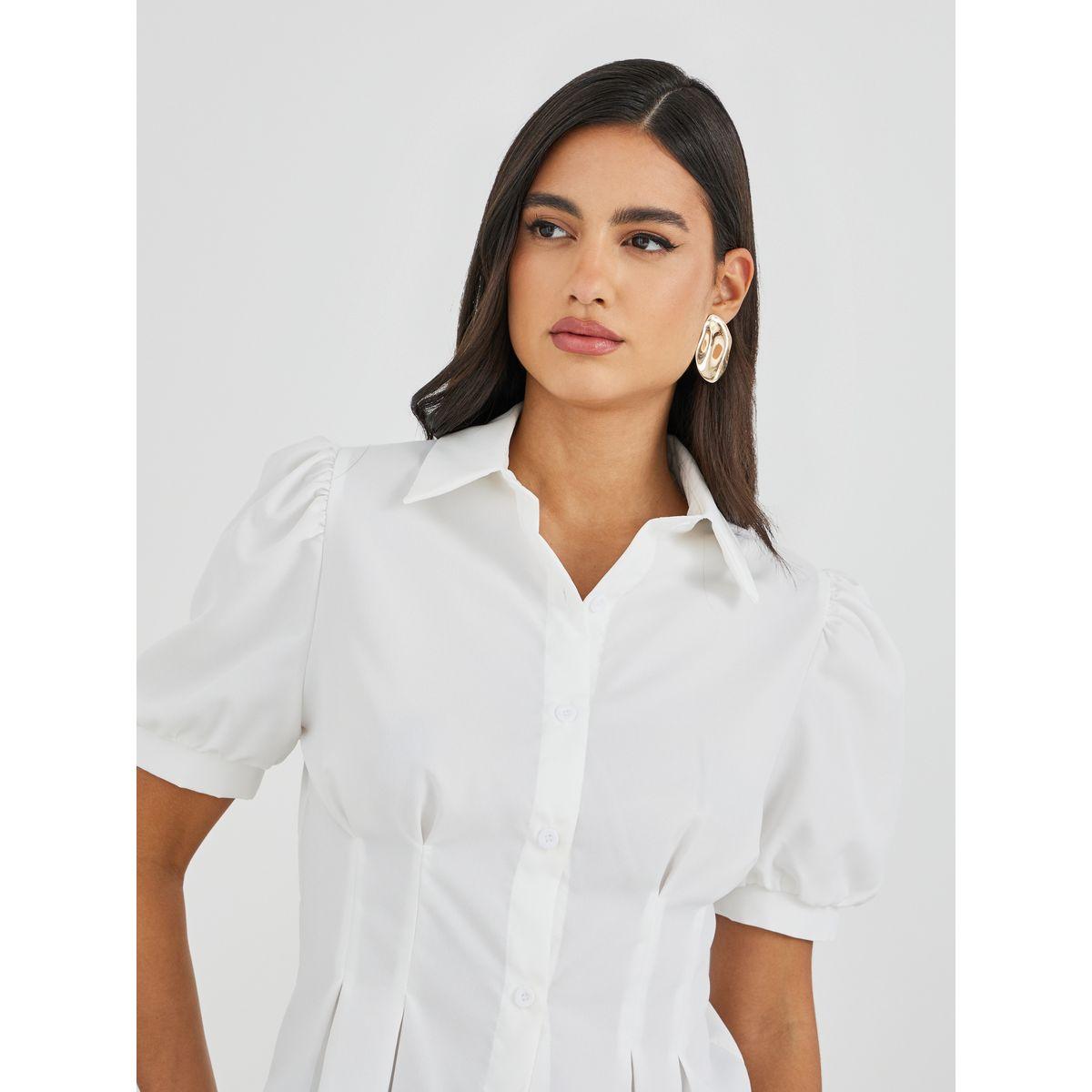 Styli Solid Puff Sleeve Pleated Detail Shirt-women-clothing-shirtsandblouses-shirts-image-3