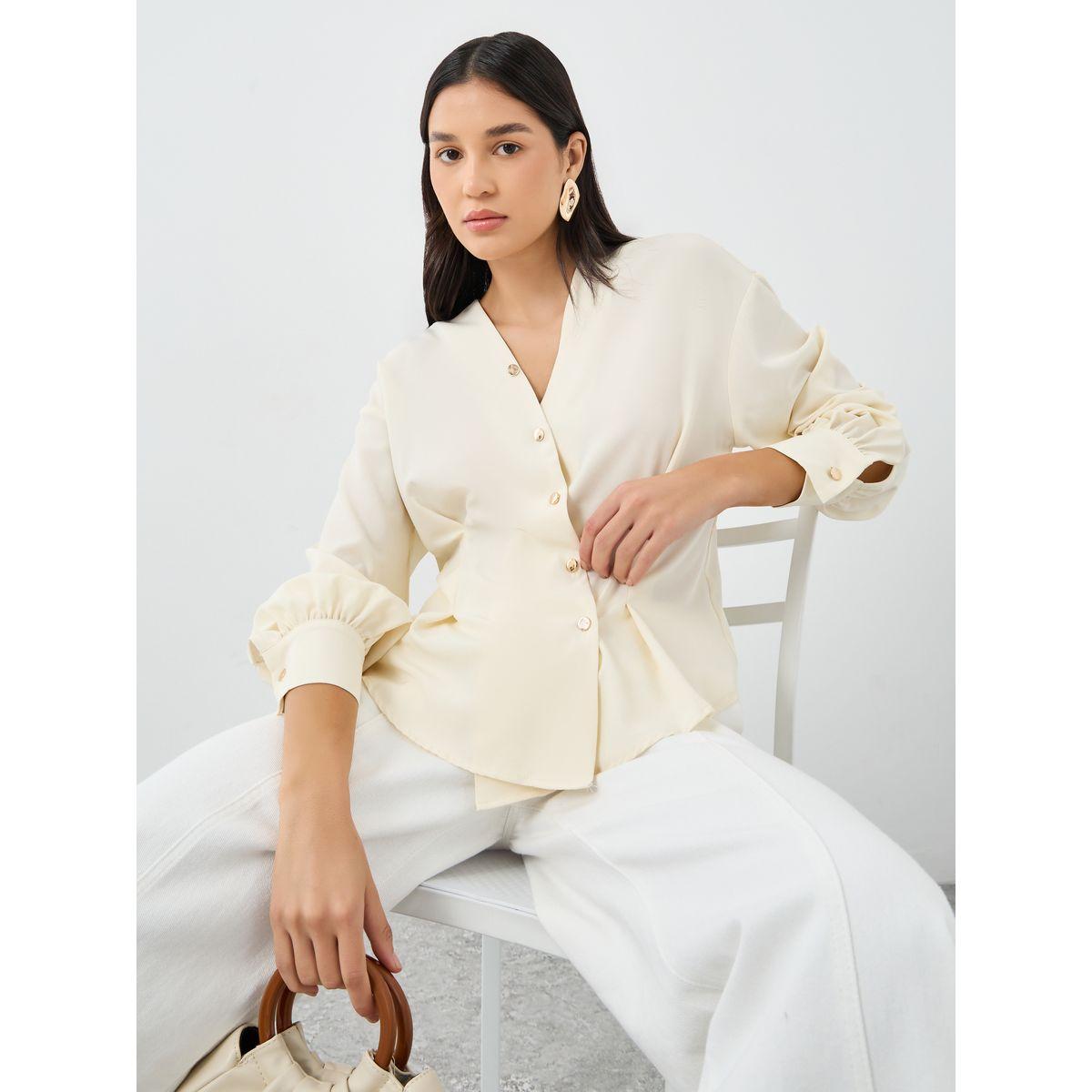 Styli Women Beige Asymmetrical V Neck Button-Up Shirt-women-clothing-shirtsandblouses-shirts-image-1