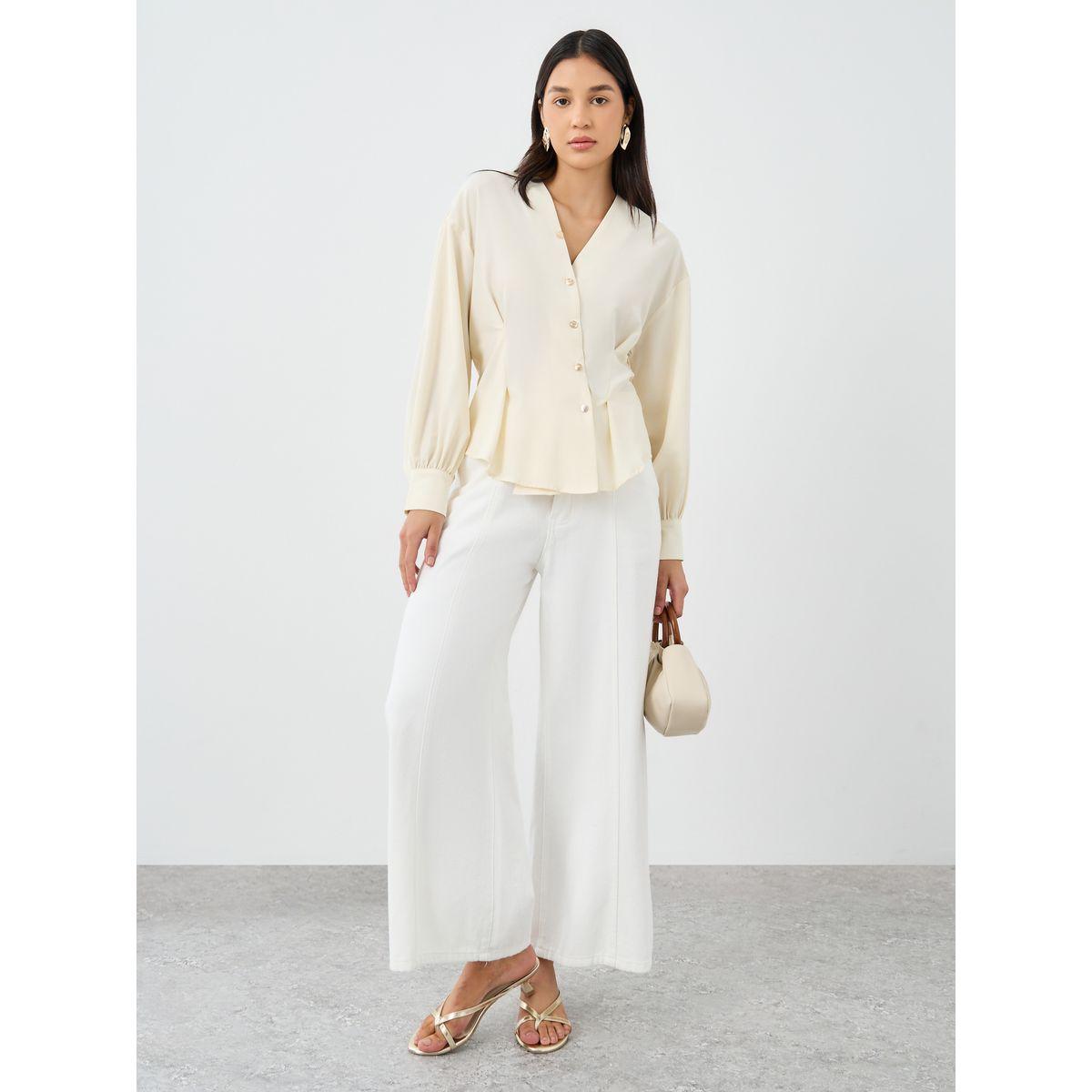 Styli Women Beige Asymmetrical V Neck Button-Up Shirt-women-clothing-shirtsandblouses-shirts-image-2