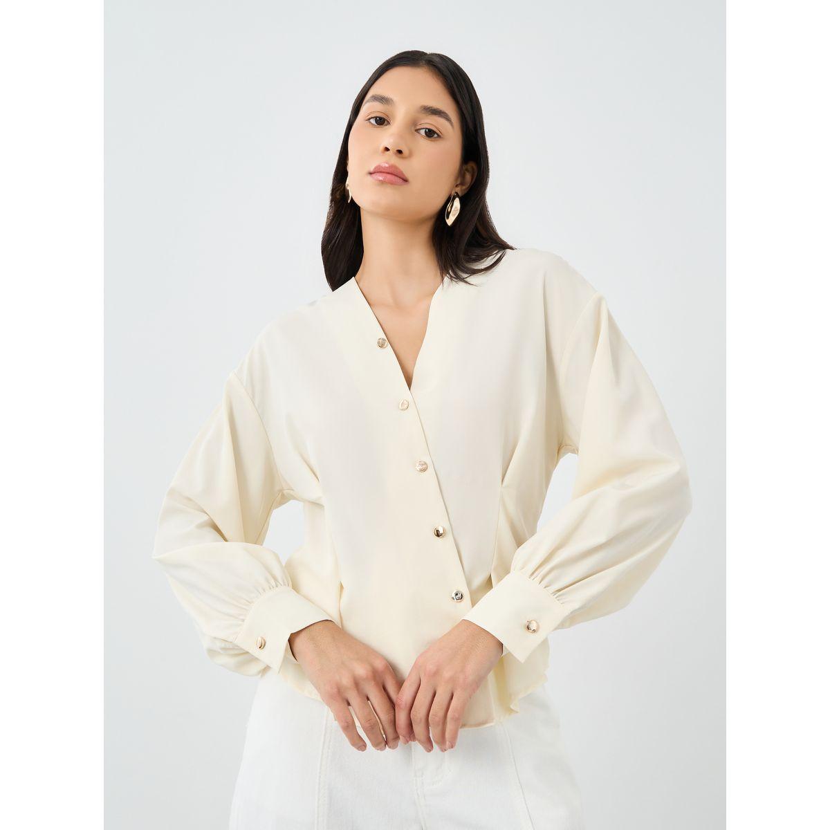 Styli Women Beige Asymmetrical V Neck Button-Up Shirt-women-clothing-shirtsandblouses-shirts-image-3