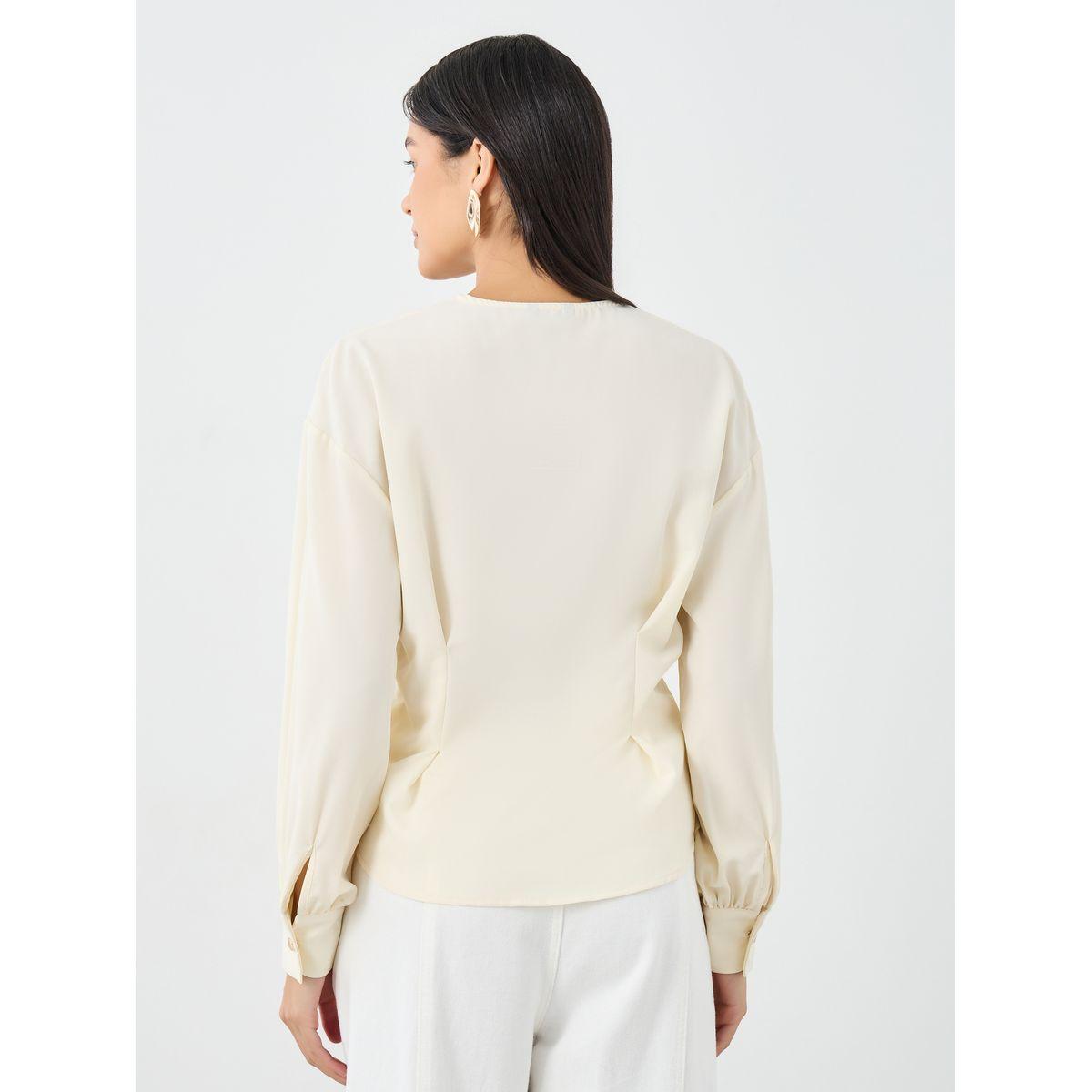 Styli Women Beige Asymmetrical V Neck Button-Up Shirt-women-clothing-shirtsandblouses-shirts-image-5