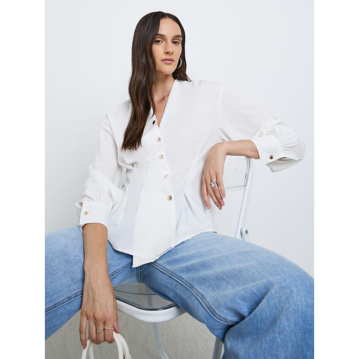 Styli Women White Asymmetrical V Neck Button-Up Shirt-women-clothing-shirtsandblouses-shirts-image-1