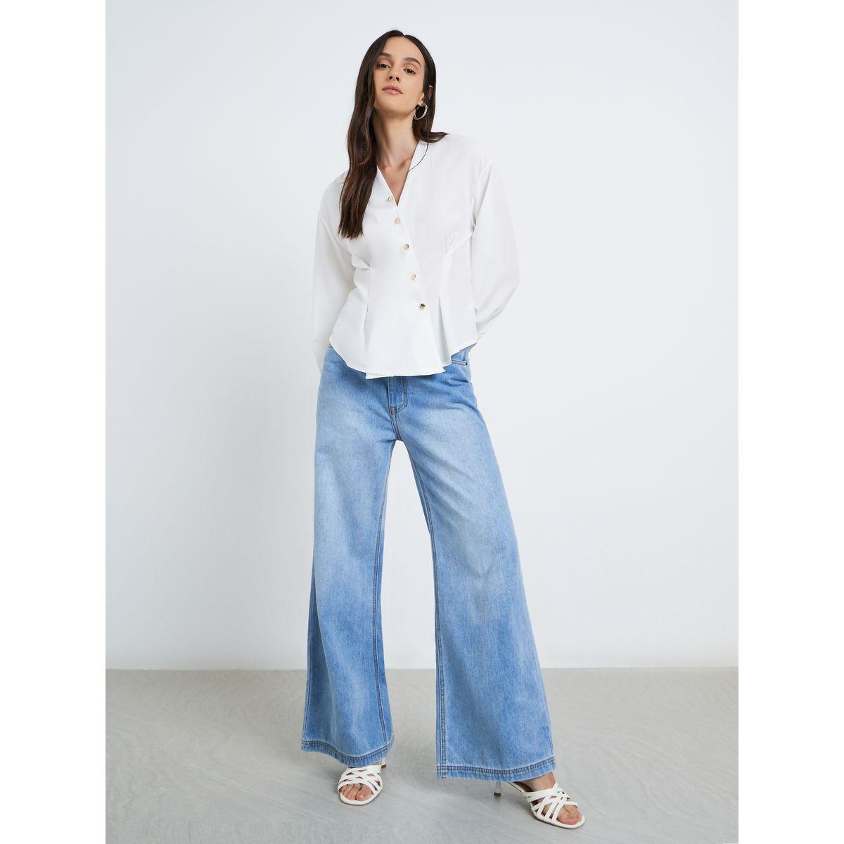 Styli Women White Asymmetrical V Neck Button-Up Shirt-women-clothing-shirtsandblouses-shirts-image-2