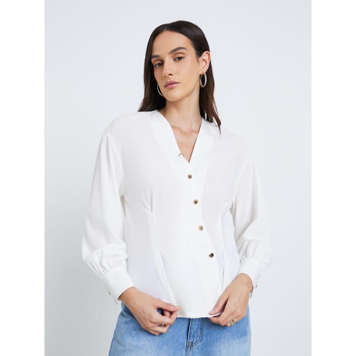 Styli Women White Asymmetrical V Neck Button-Up Shirt-women-clothing-shirtsandblouses-shirts-image-3