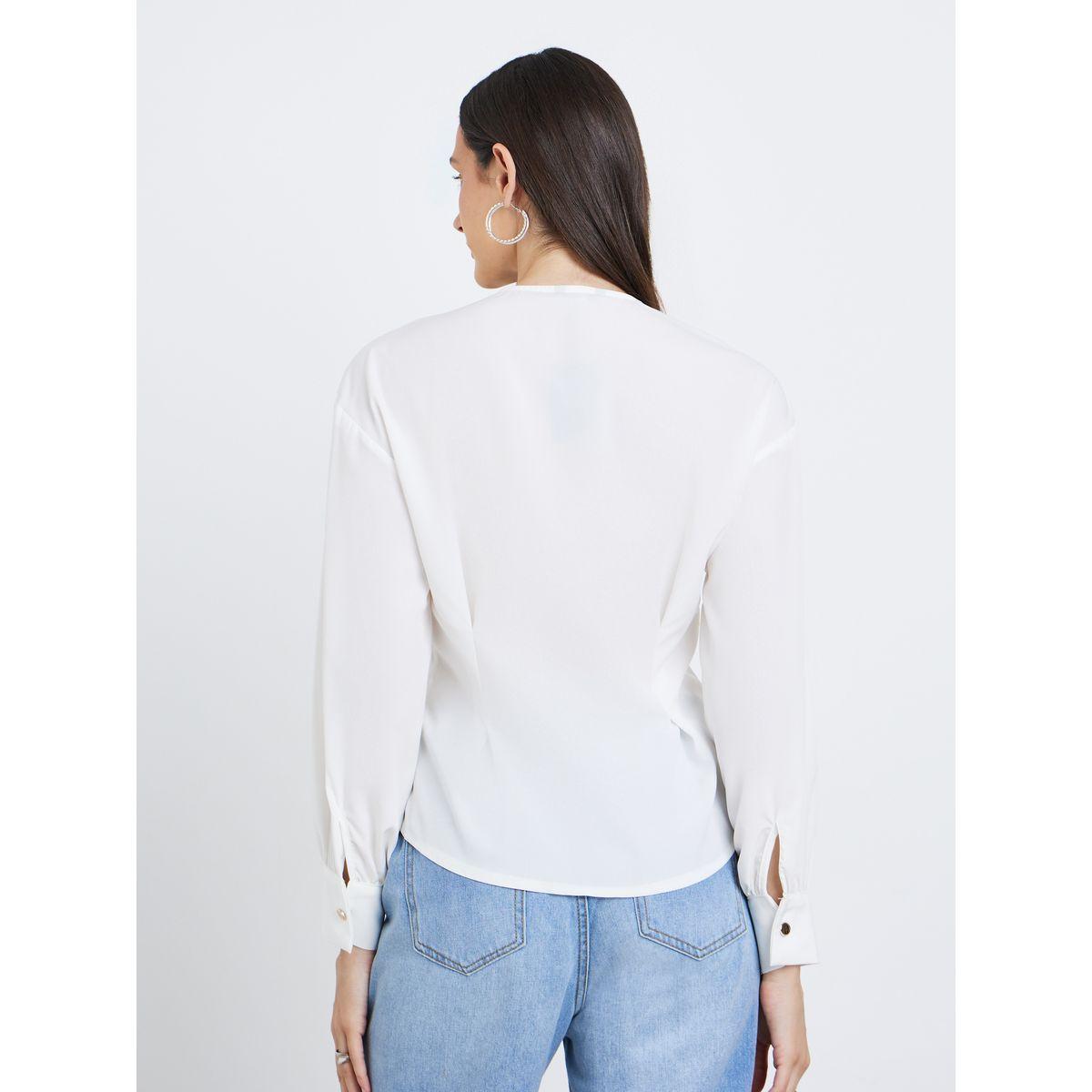 Styli Women White Asymmetrical V Neck Button-Up Shirt-women-clothing-shirtsandblouses-shirts-image-5