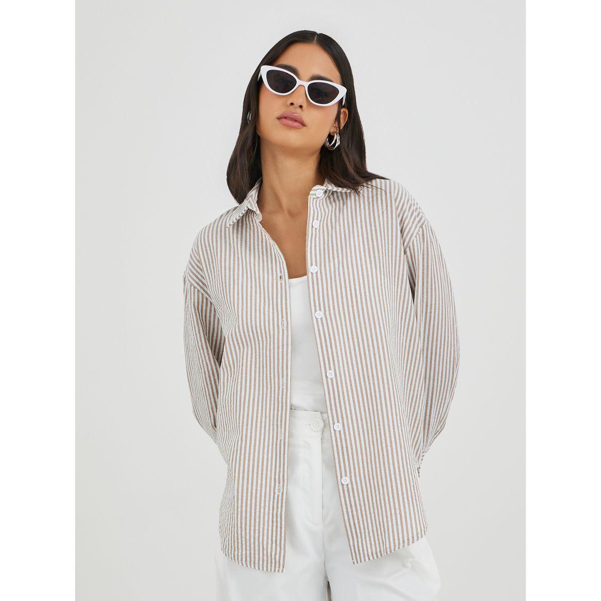 بلوزة مخططة بياقة سبريد وأكمام طويلة-women-clothing-shirtsandblouses-shirts-image-1
