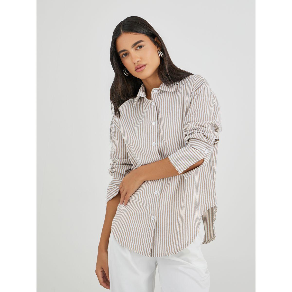 بلوزة مخططة بياقة سبريد وأكمام طويلة-women-clothing-shirtsandblouses-shirts-image-2