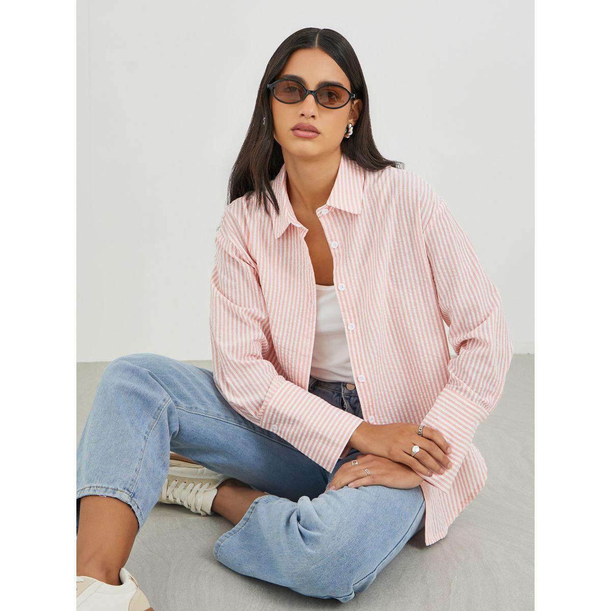 Styli Striped Spread Collar Long Sleeve Shirt-women-clothing-shirtsandblouses-shirts-image-1