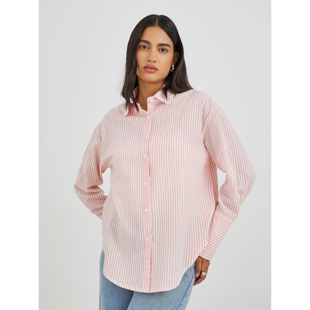بلوزة مخططة بياقة سبريد وأكمام طويلة-women-clothing-shirtsandblouses-shirts-image-2