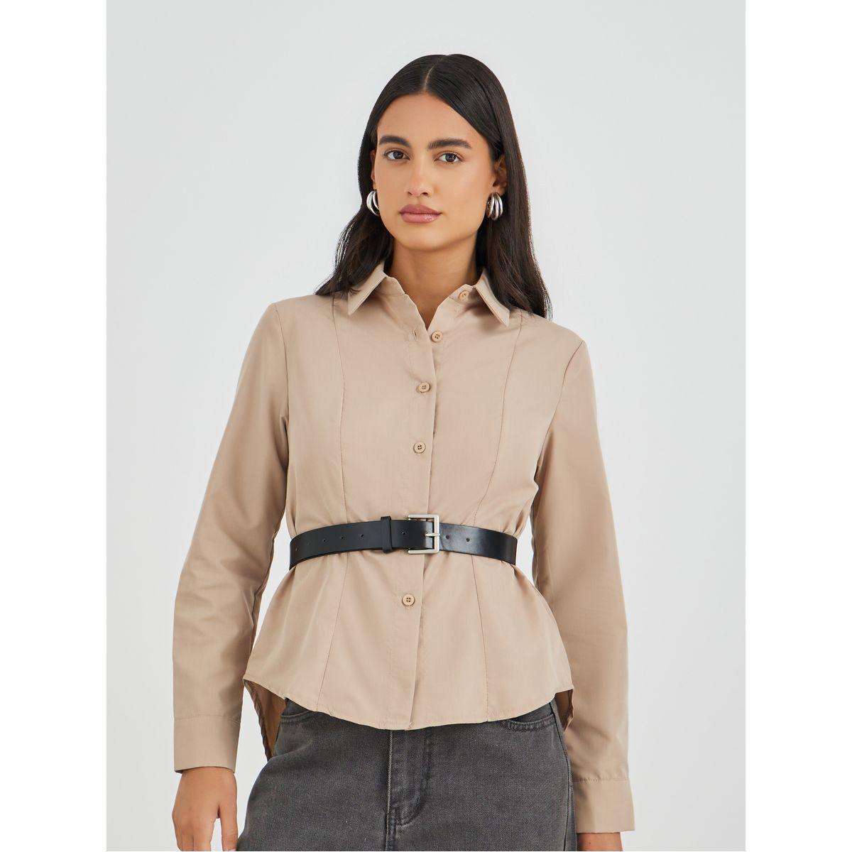Styli Solid Long Sleeve Buttoned Shirt with Belt-women-clothing-shirtsandblouses-shirts-image-1