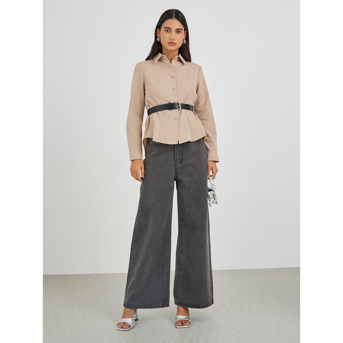 Styli Solid Long Sleeve Buttoned Shirt with Belt-women-clothing-shirtsandblouses-shirts-image-2