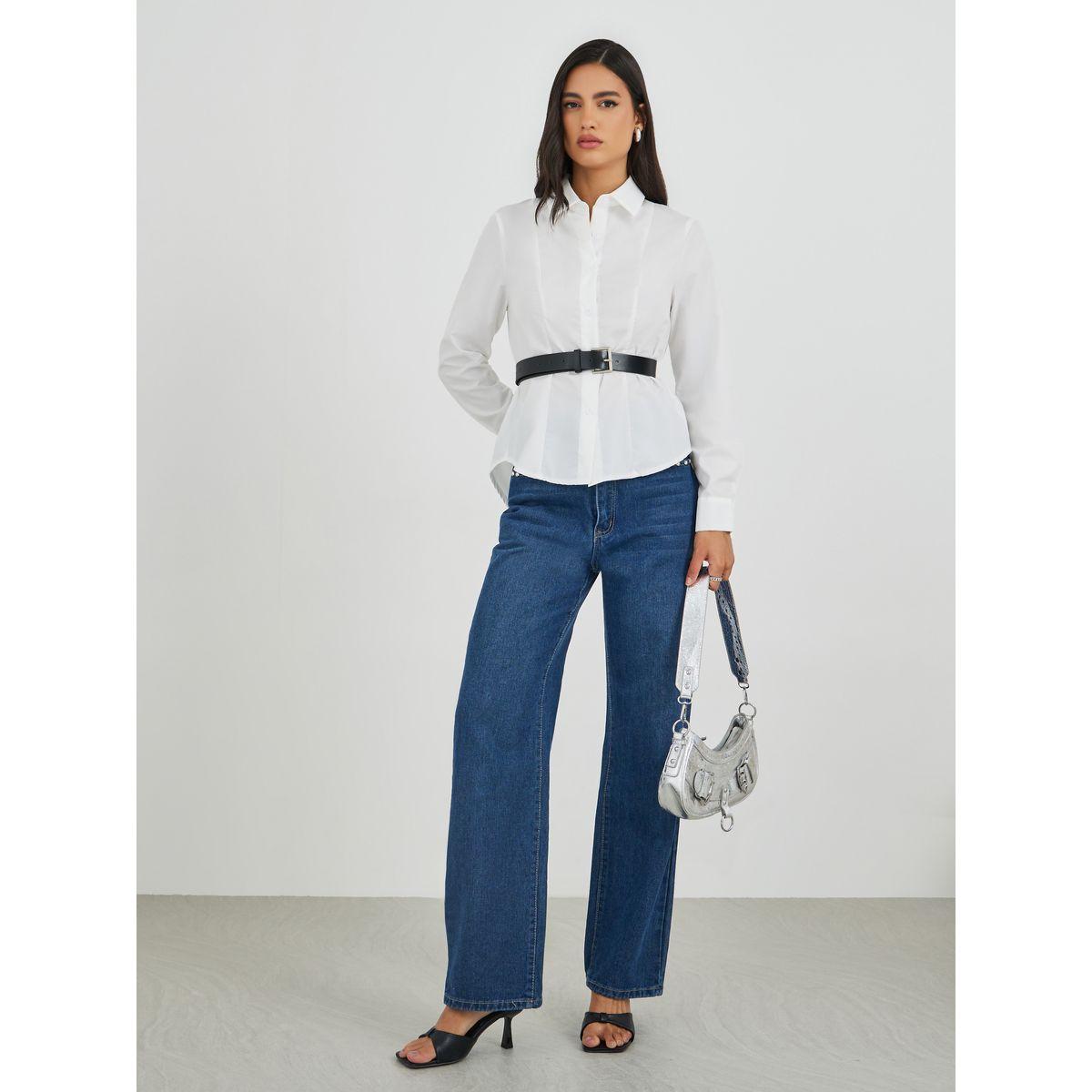 Styli Solid Long Sleeve Buttoned Shirt with Belt-women-clothing-shirtsandblouses-shirts-image-2