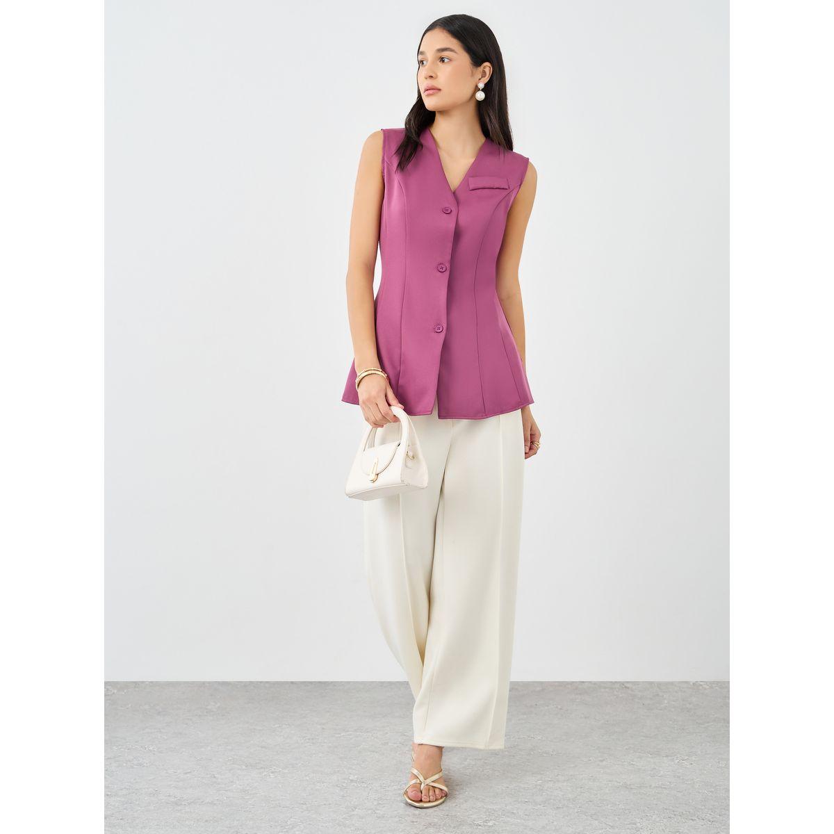 Styli Solid V-Neck Sleeveless Waistcoat-women-clothing-coatsandjackets-waistcoats-image-2