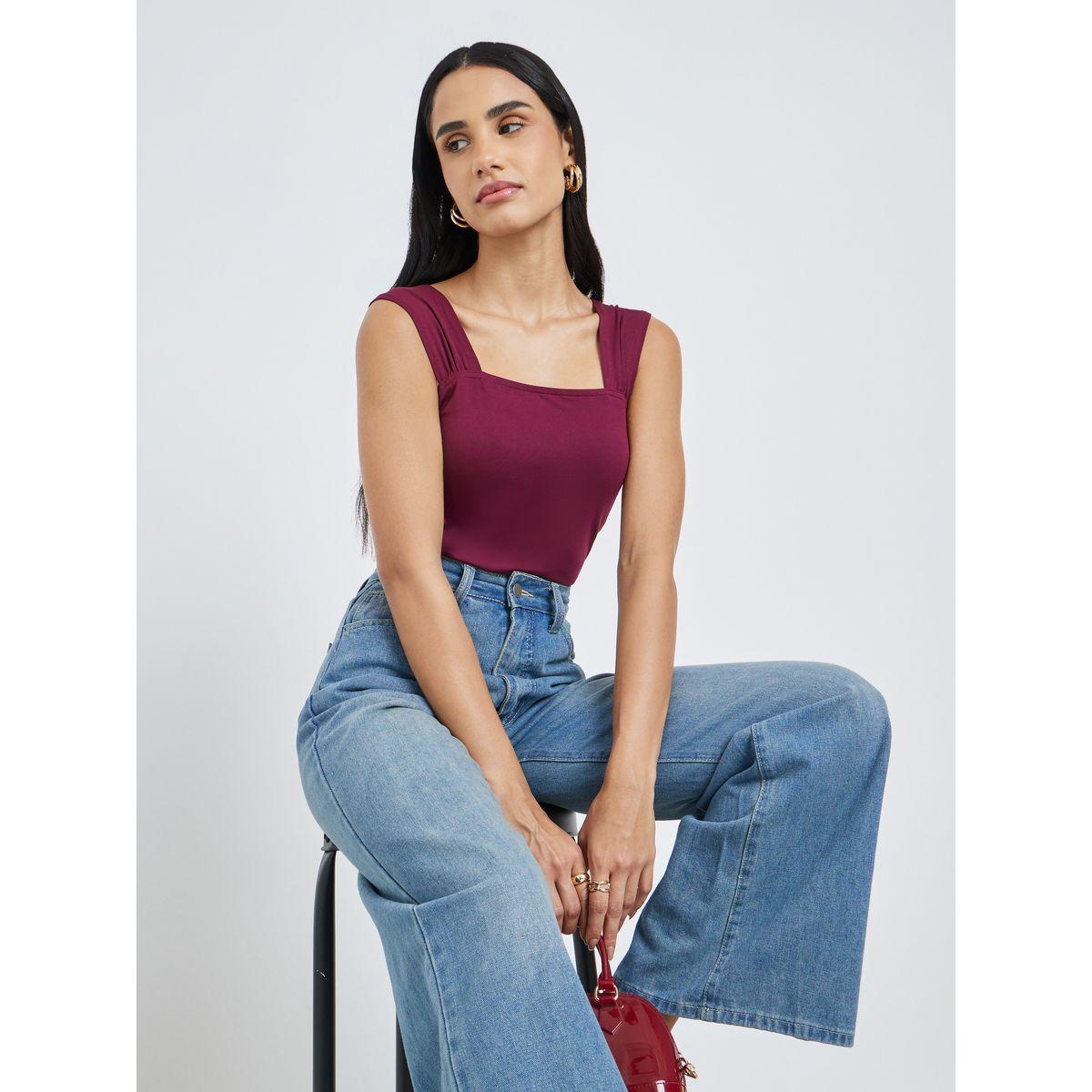 Styli Women Burgundy Square Neck Bodysuit-women-clothing-shirtsandblouses-blouses-image-2
