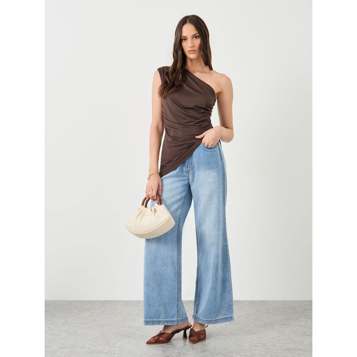Styli Brown Asymmetrical Neck Gathered Top-women-clothing-shirtsandblouses-blouses-image-2