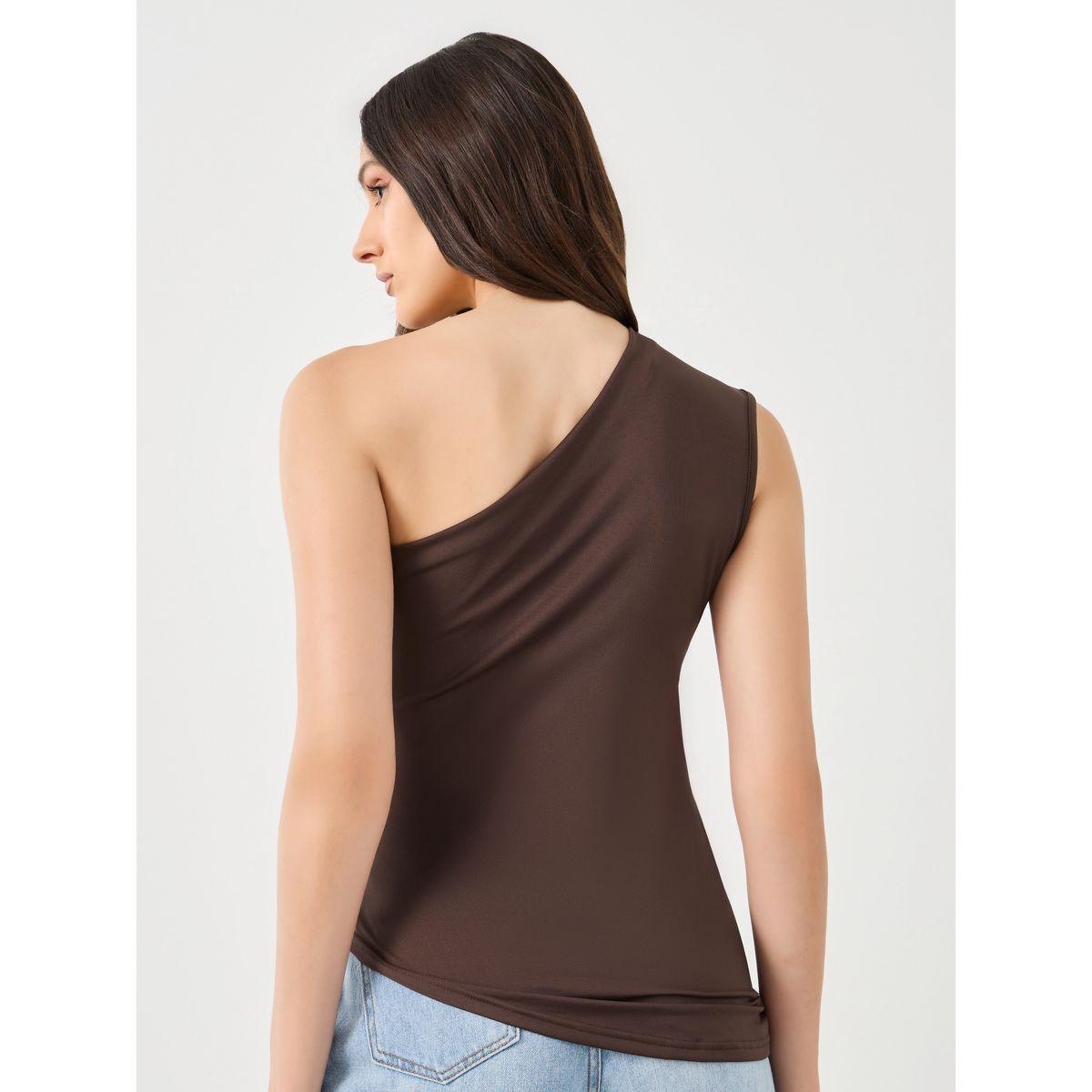 Styli Brown Asymmetrical Neck Gathered Top-women-clothing-shirtsandblouses-blouses-image-4