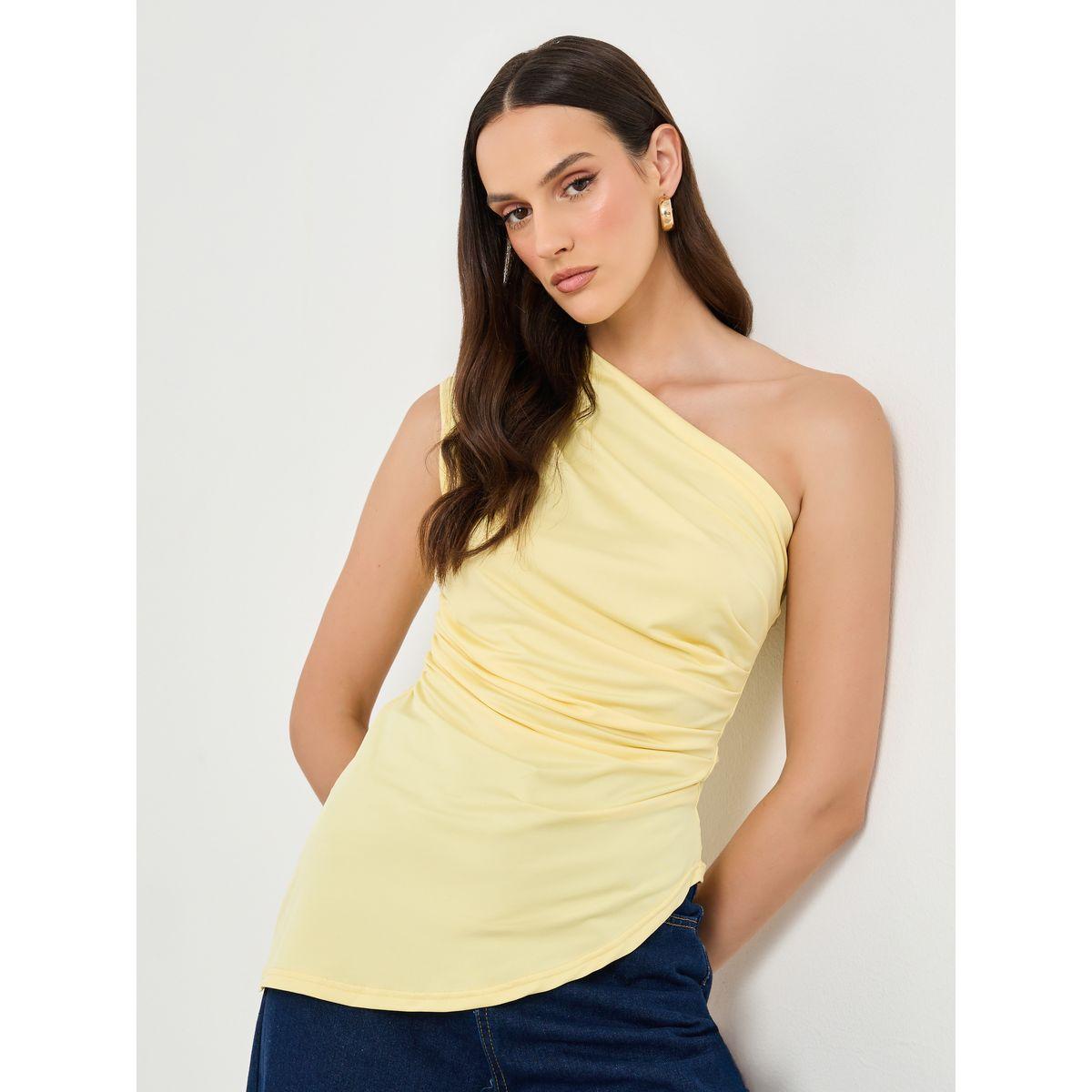 Styli Yellow Asymmetrical Neck Gathered Top-women-clothing-shirtsandblouses-blouses-image-1