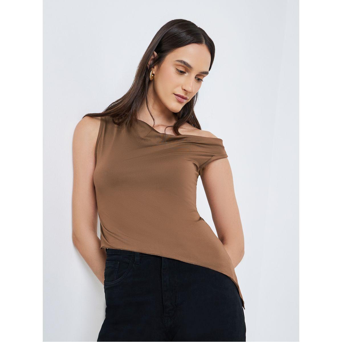 بلوزة بتفاصيل كتف واحد مع حافة غير متماثلة-women-clothing-tshirts-image-1